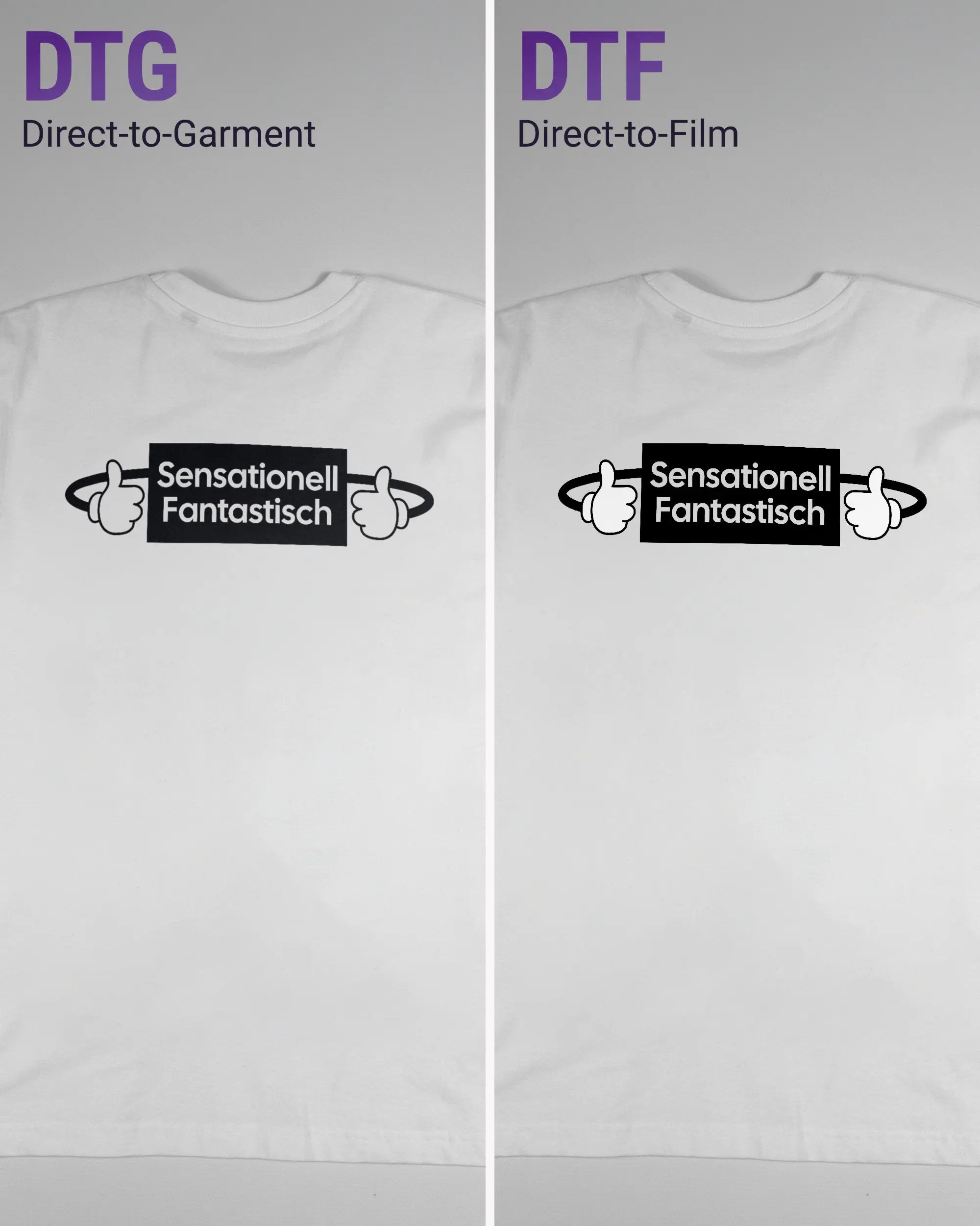 Vergleich der Rückseiten des Basic Unisex T-Shirt Oversized von Maondo mit dem Design Fantastisch in der Farbe White und in der Größe S links mit dem Direct-to-Garment und rechts mit dem Direct-to-Film Verfahren