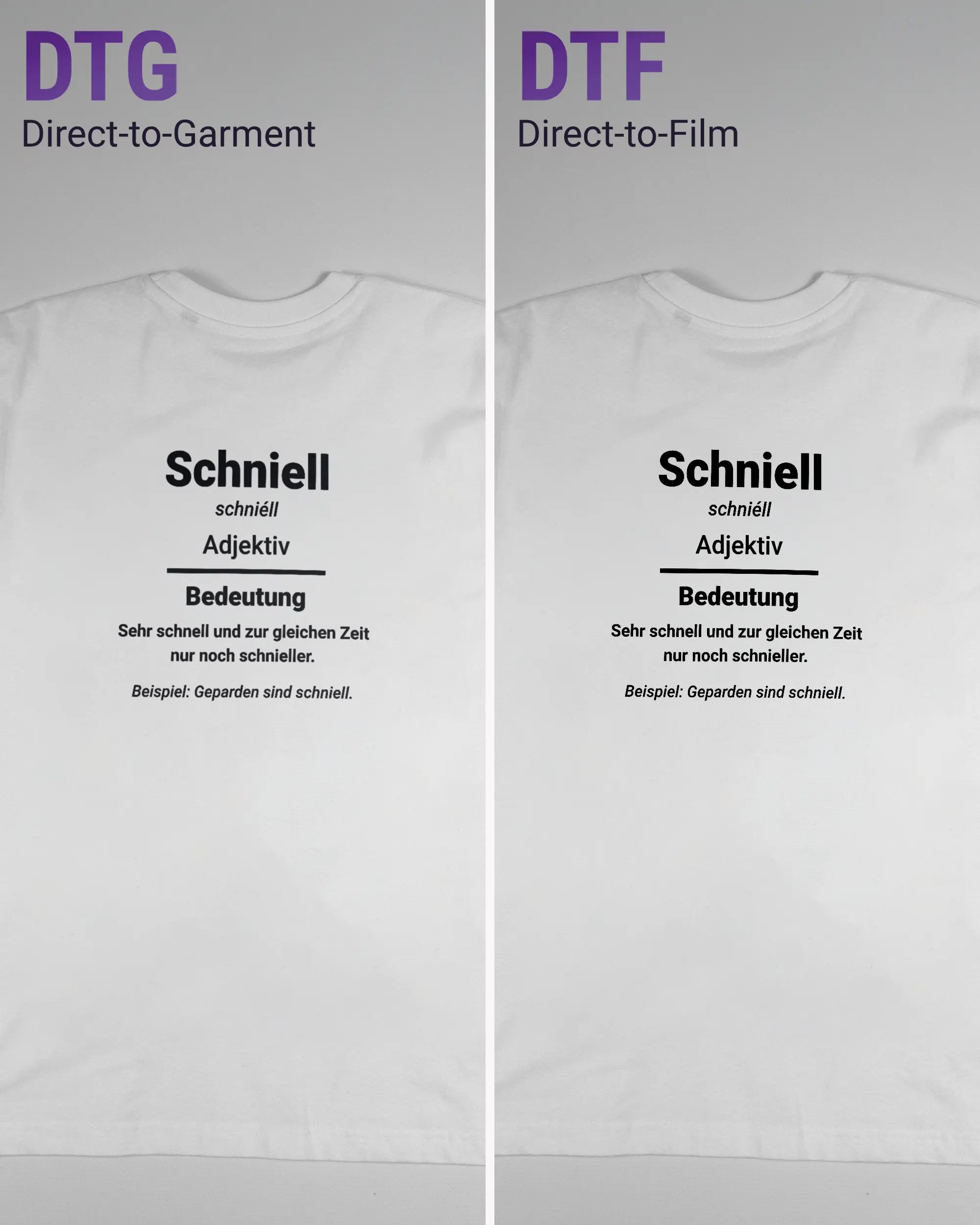 Vergleich der Rückseiten des Basic Unisex T-Shirt Oversized von Maondo mit dem Design Schniell in der Farbe White und in der Größe S links mit dem Direct-to-Garment und rechts mit dem Direct-to-Film Verfahren