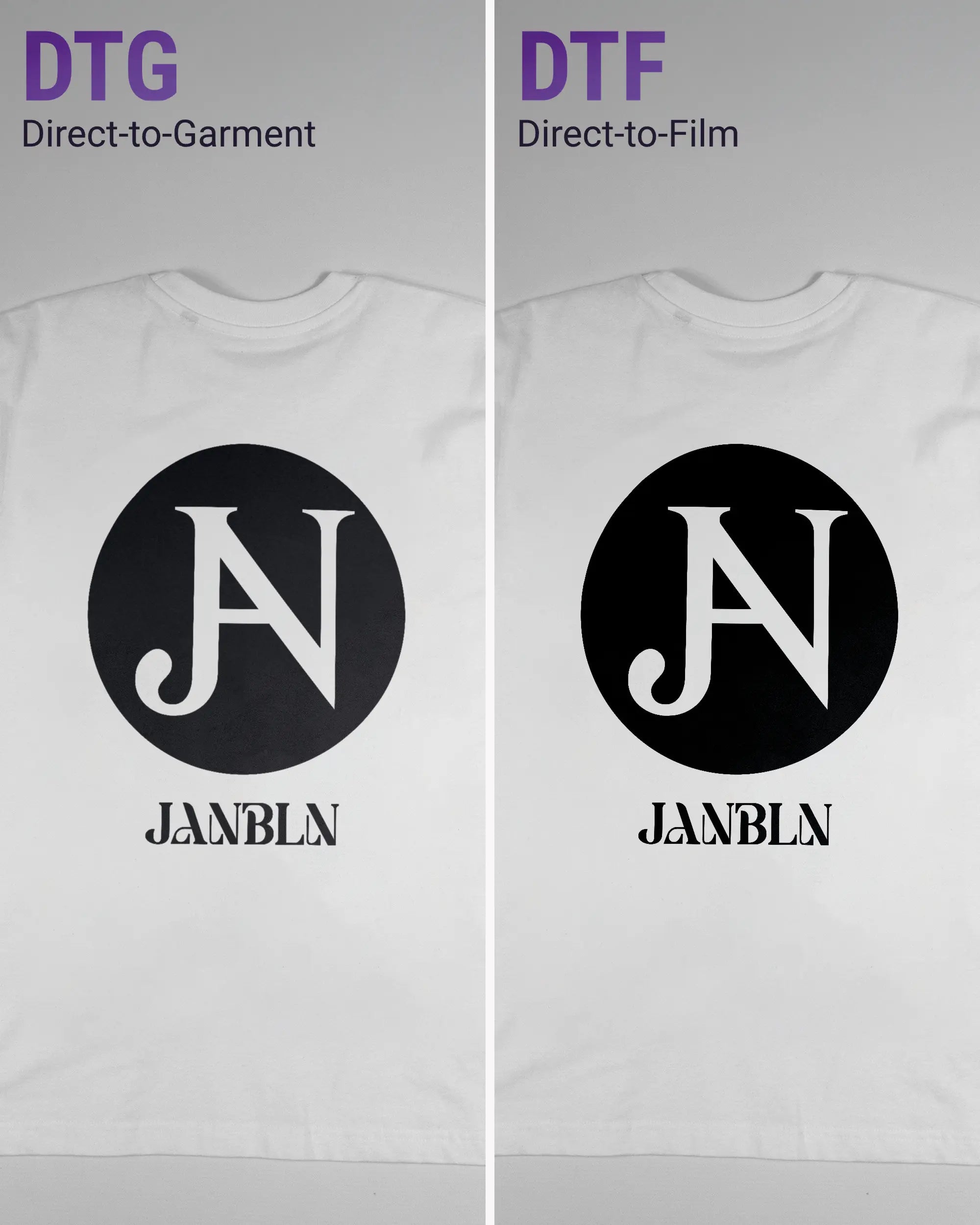 Vergleich der Rückseiten des Basic Unisex T-Shirt Oversized von Maondo mit dem Design JB1 in der Farbe White und in der Größe S links mit dem Direct-to-Garment und rechts mit dem Direct-to-Film Verfahren