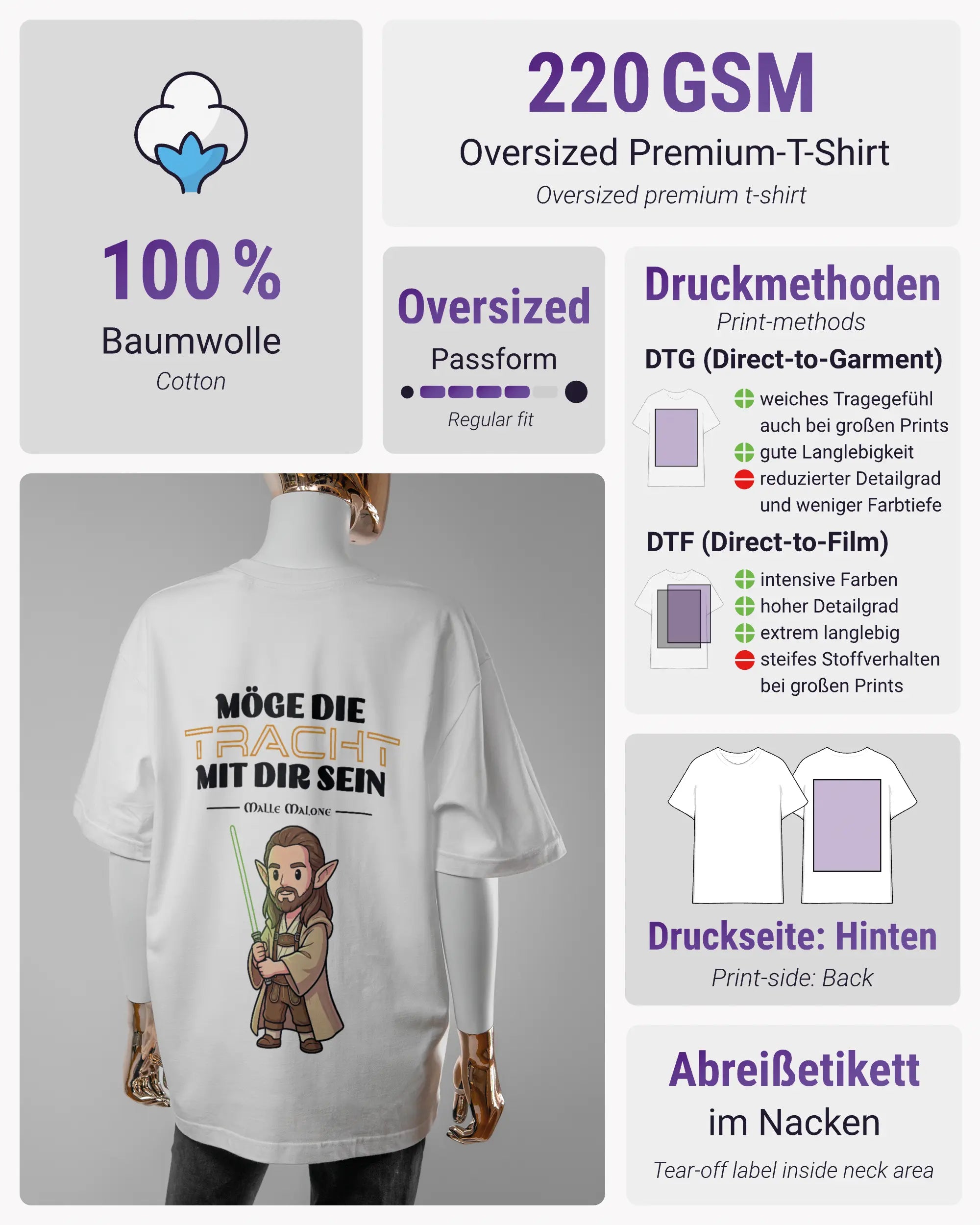 Produktinformationsblatt des Basic Unisex T-Shirt Oversized von Maondo mit dem Design Tracht mit dir hinten in der Farbe White und in der Größe S