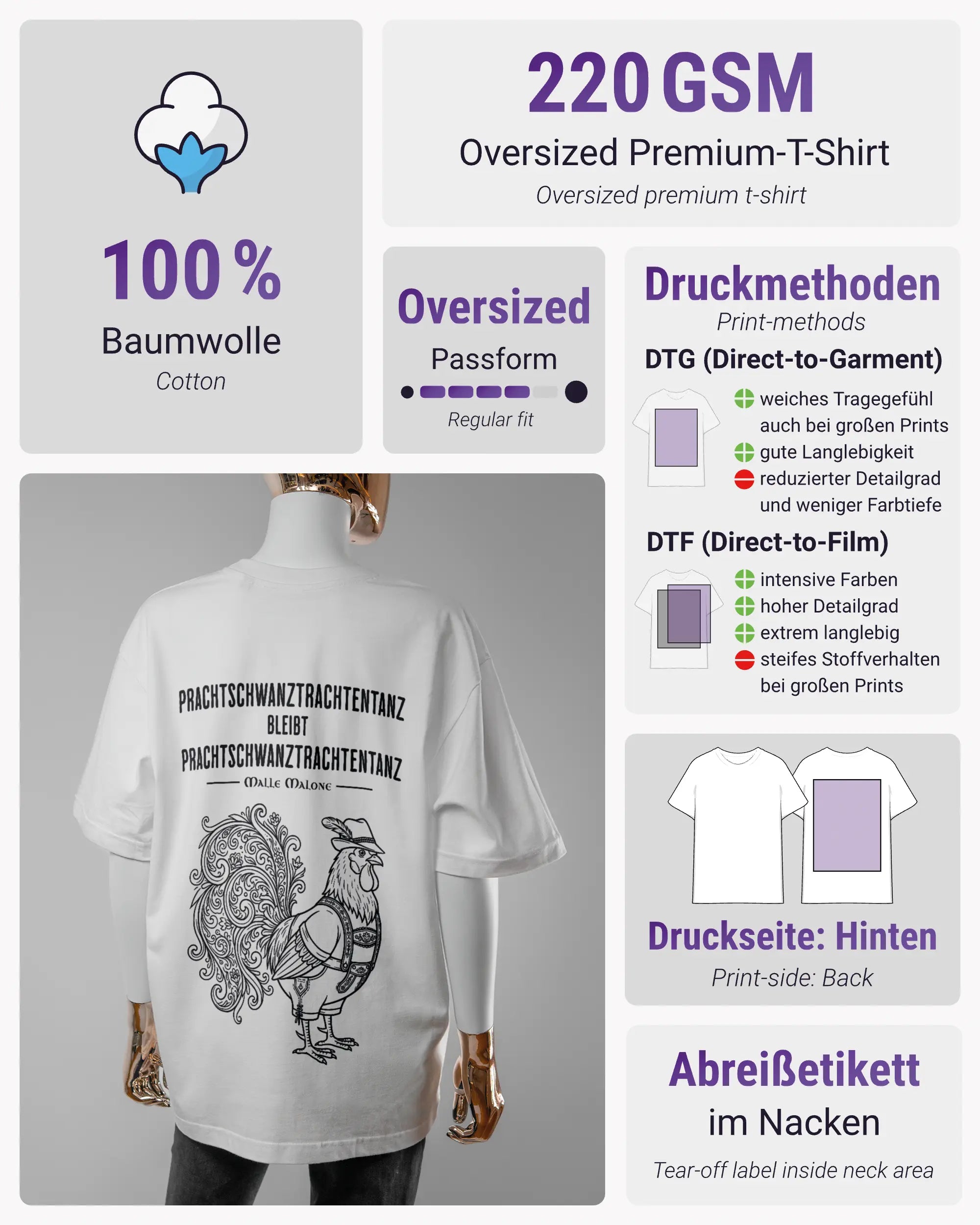 Produktinformationsblatt des Basic Unisex T-Shirt Oversized von Maondo mit dem Design Trachtentanz hinten in der Farbe White und in der Größe S