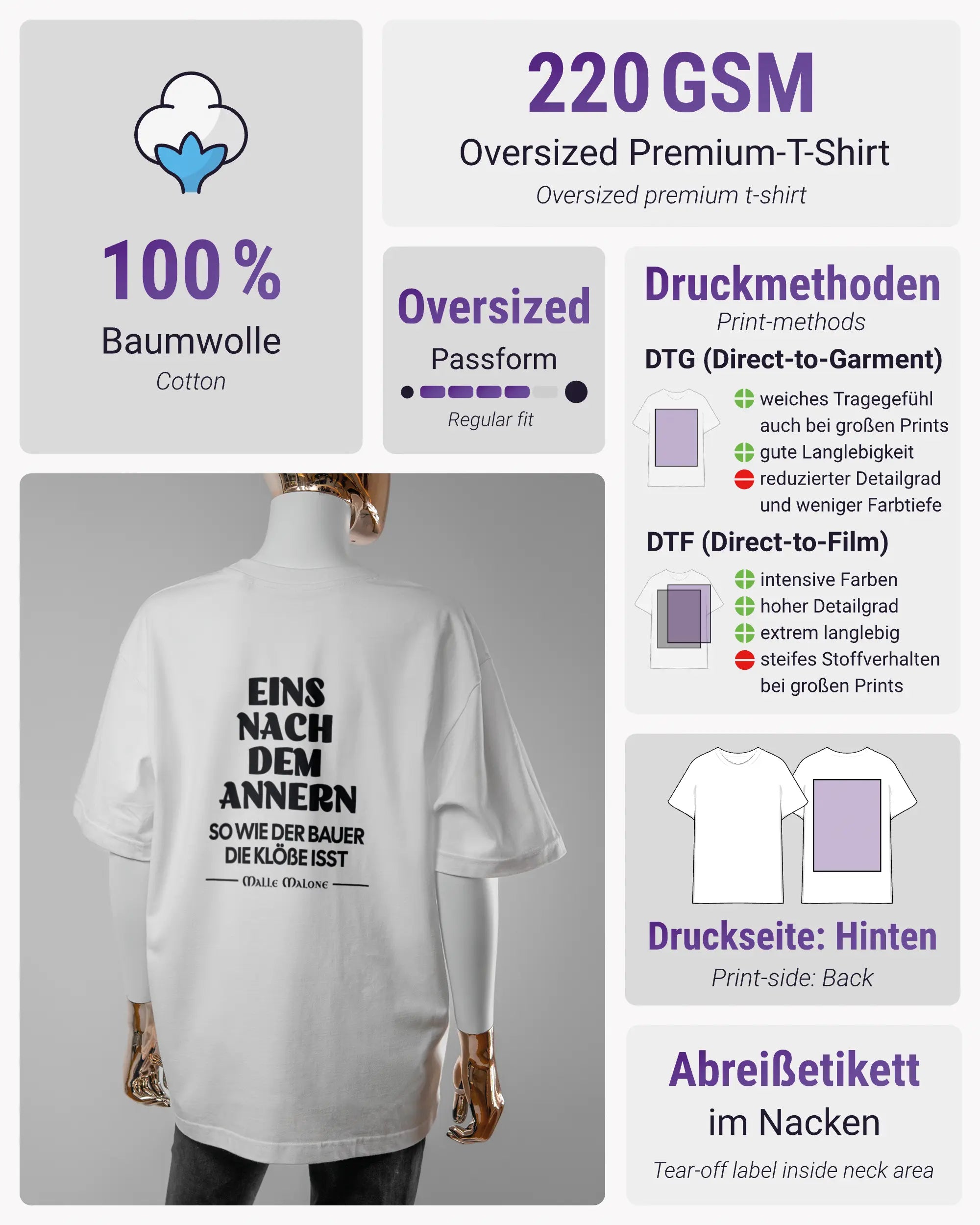 Produktinformationsblatt des Basic Unisex T-Shirt Oversized von Maondo mit dem Design Eins nach dem Annern hinten in der Farbe White und in der Größe S