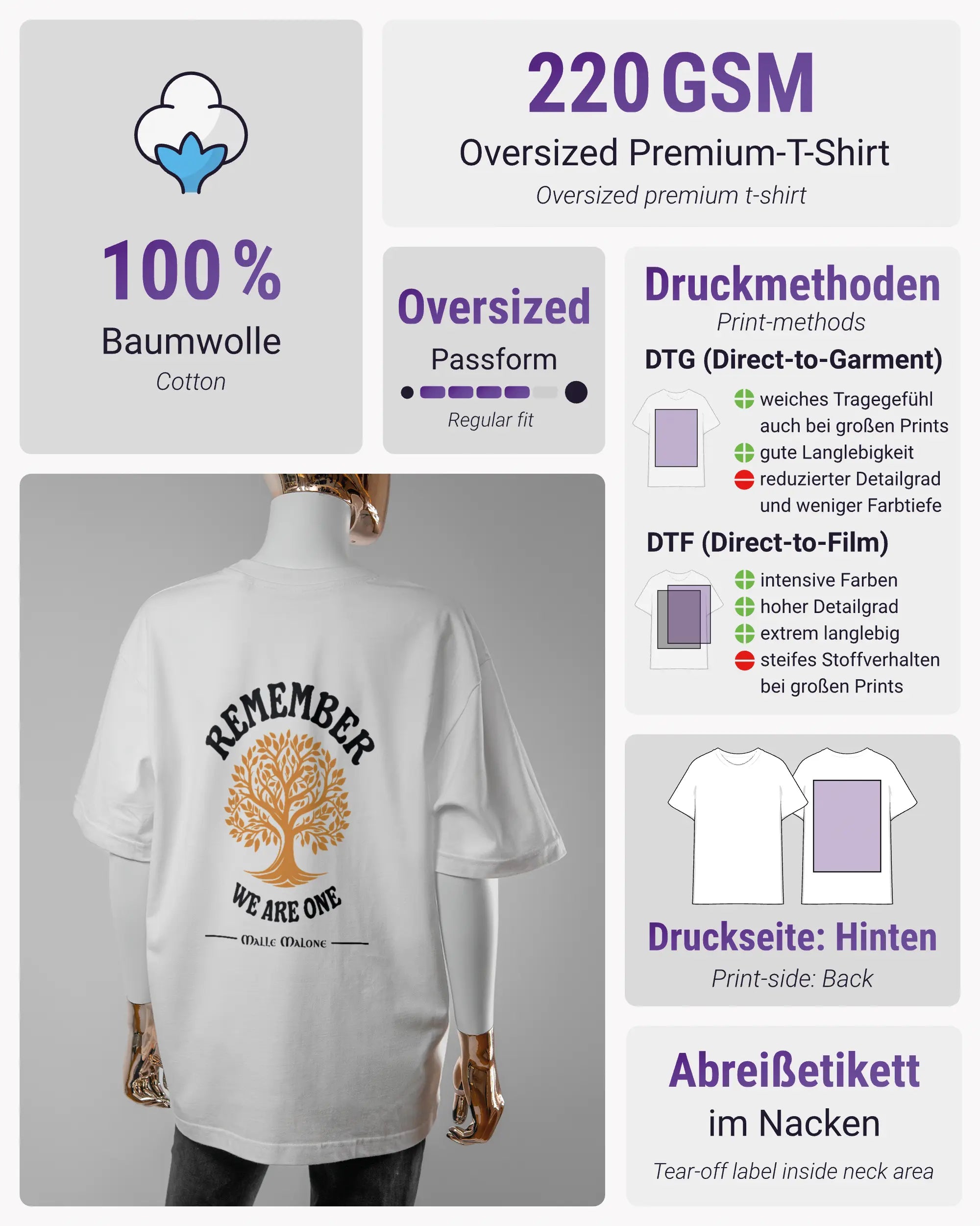 Produktinformationsblatt des Basic Unisex T-Shirt Oversized von Maondo mit dem Design We are one hinten in der Farbe White und in der Größe S