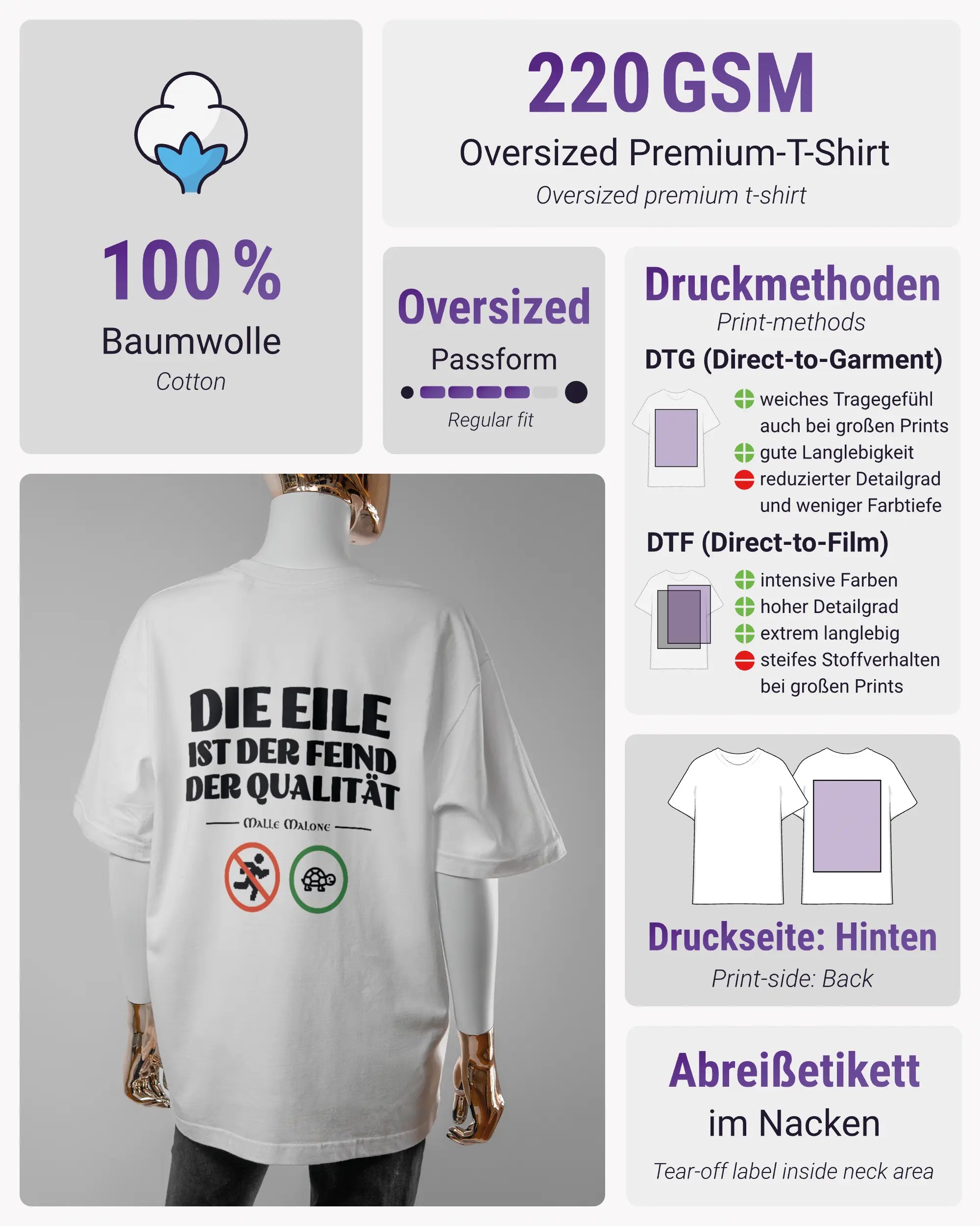 Produktinformationsblatt des Basic Unisex T-Shirt Oversized von Maondo mit dem Design Keine Eile hinten in der Farbe White und in der Größe S