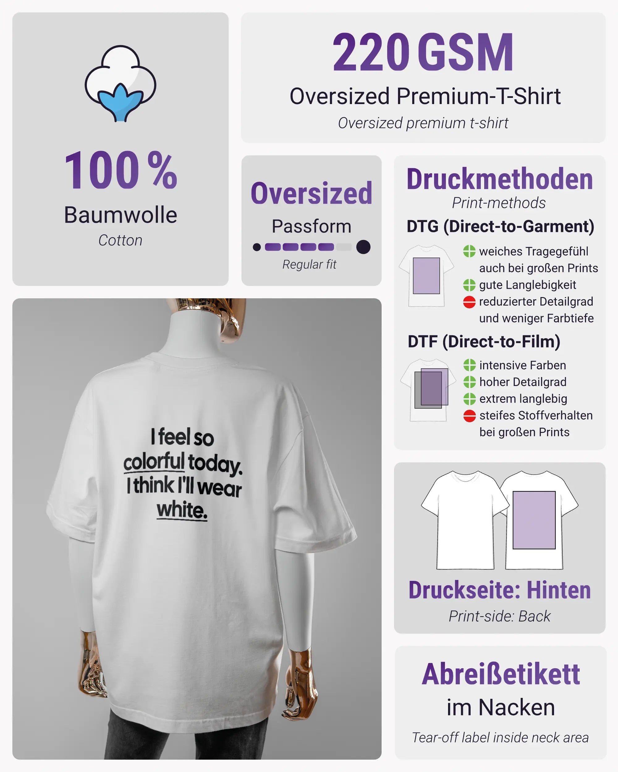 Produktinformationsblatt des Basic Unisex T-Shirt Oversized von Maondo mit dem Design Colorful Day hinten in der Farbe White und in der Größe S
