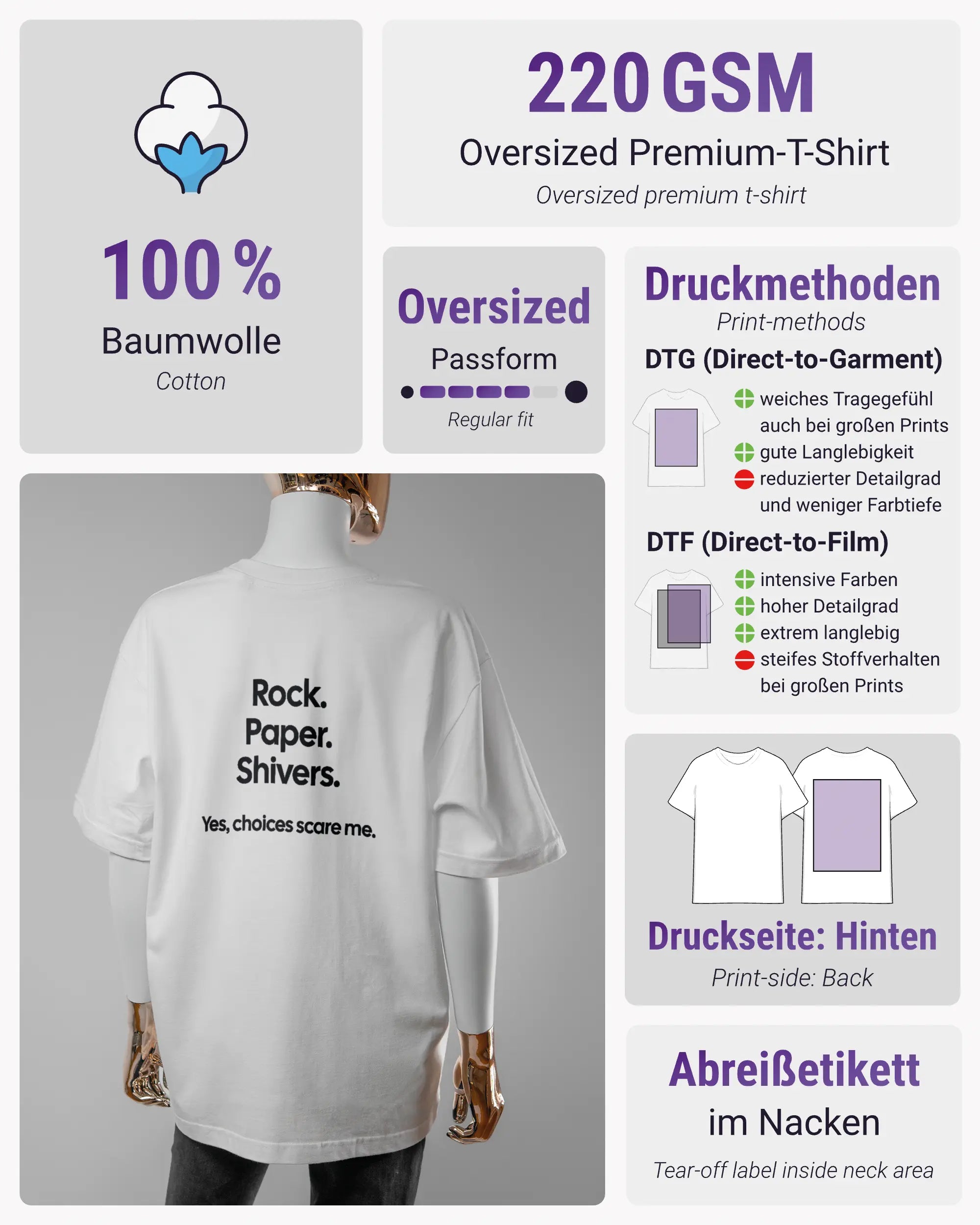 Produktinformationsblatt des Basic Unisex T-Shirt Oversized von Maondo mit dem Design Rock Paper Shivers hinten in der Farbe White und in der Größe S
