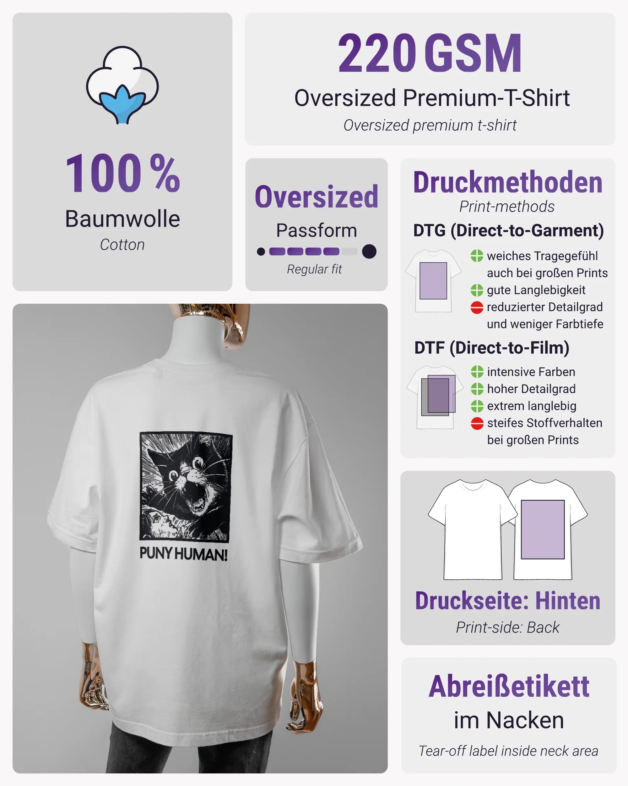 Produktinformationsblatt des Basic Unisex T-Shirt Oversized von Maondo mit dem Design Puny Human hinten in der Farbe White und in der Größe S