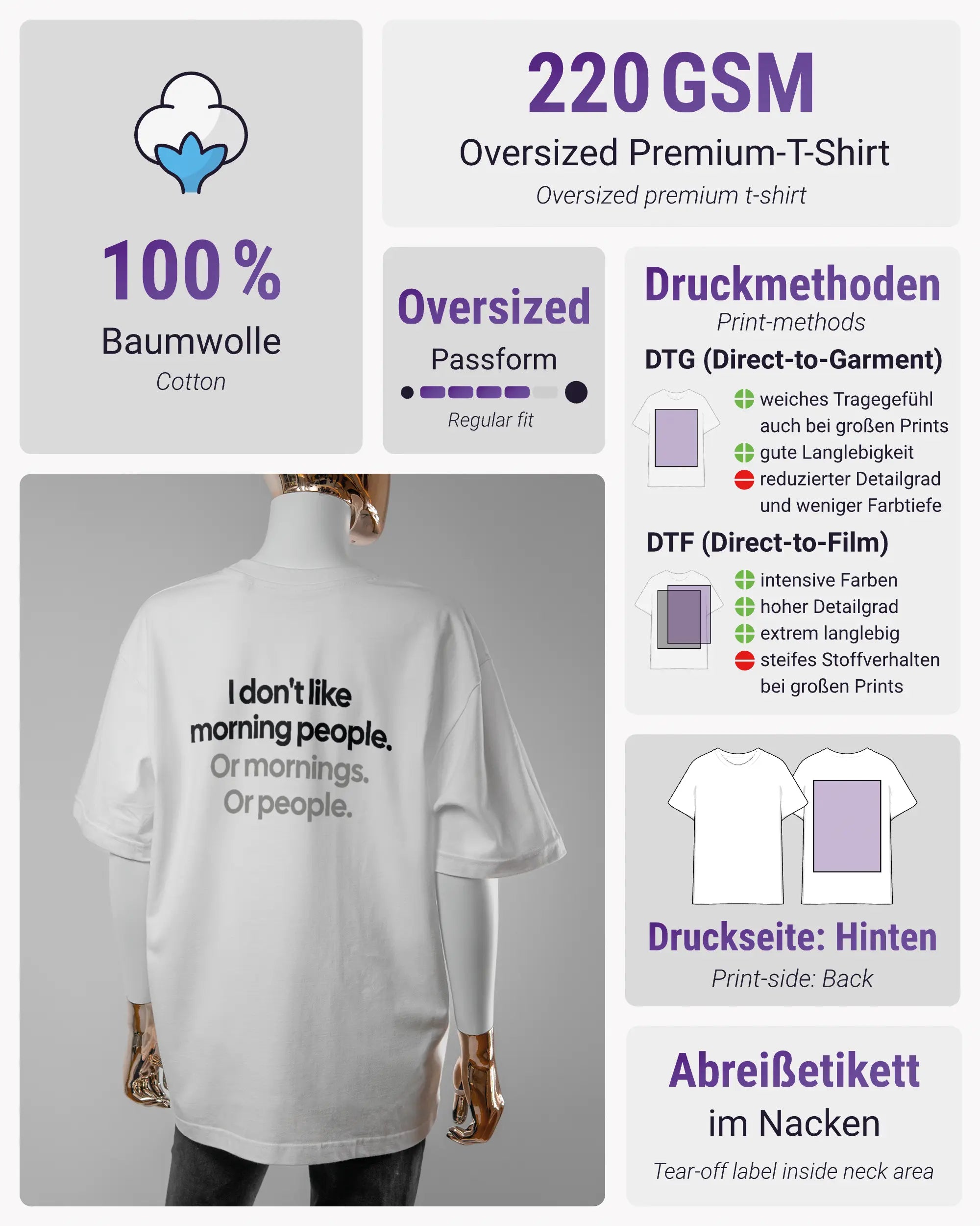 Produktinformationsblatt des Basic Unisex T-Shirt Oversized von Maondo mit dem Design Morning Person hinten in der Farbe White und in der Größe S