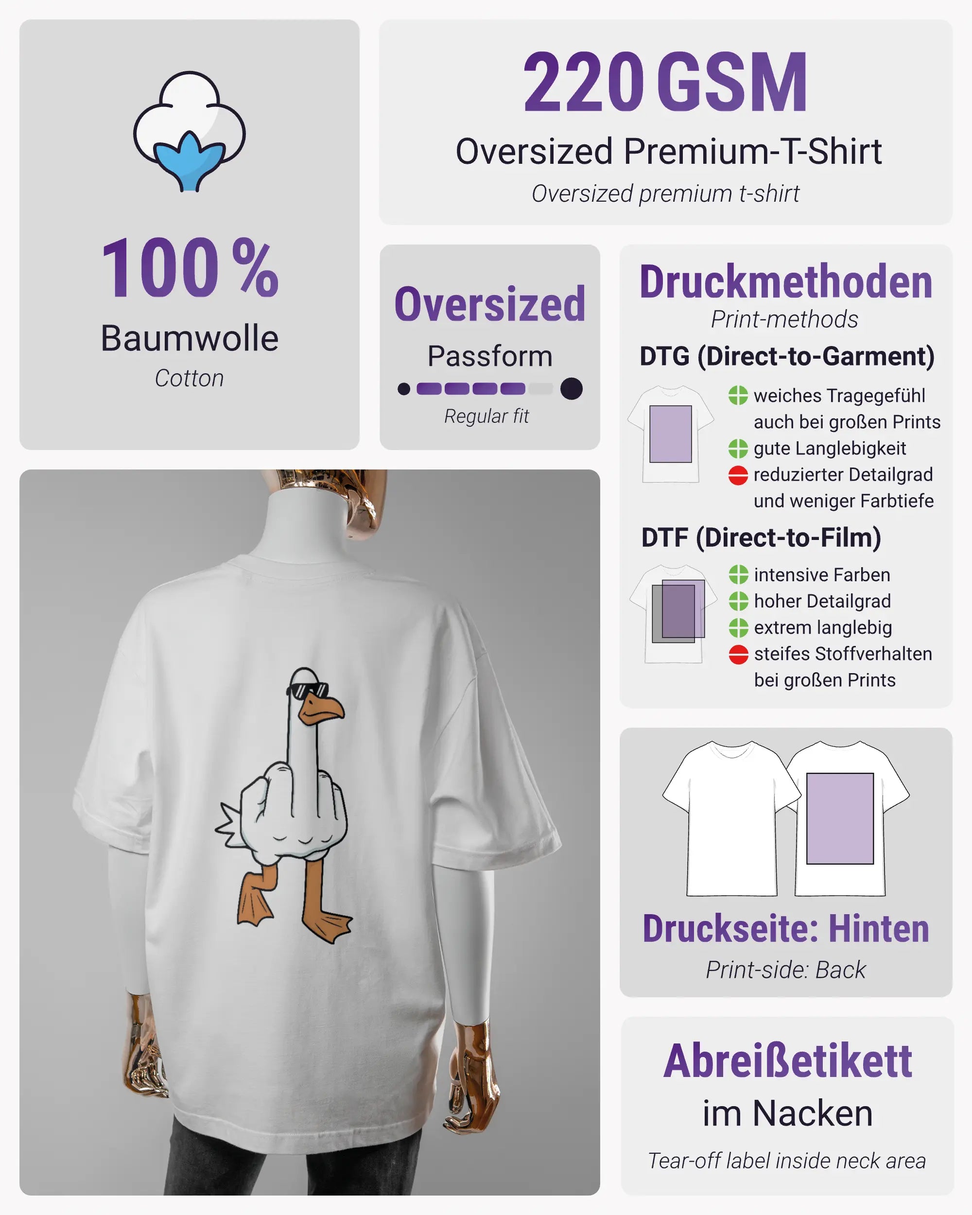 Produktinformationsblatt des Basic Unisex T-Shirt Oversized von Maondo mit dem Design I give a duck hinten in der Farbe White und in der Größe S