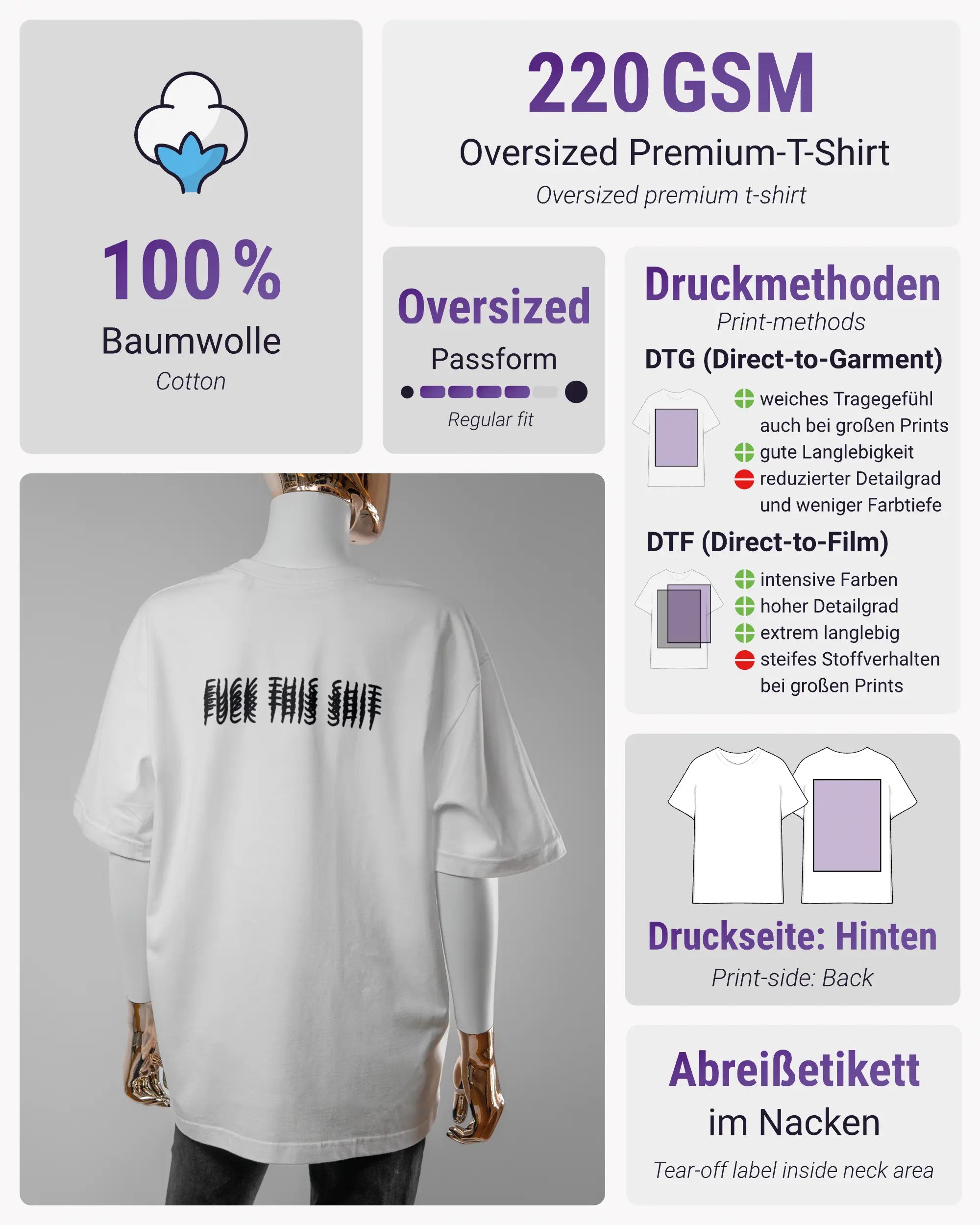 Produktinformationsblatt des Basic Unisex T-Shirt Oversized von Maondo mit dem Design Hidden Message hinten in der Farbe White und in der Größe S