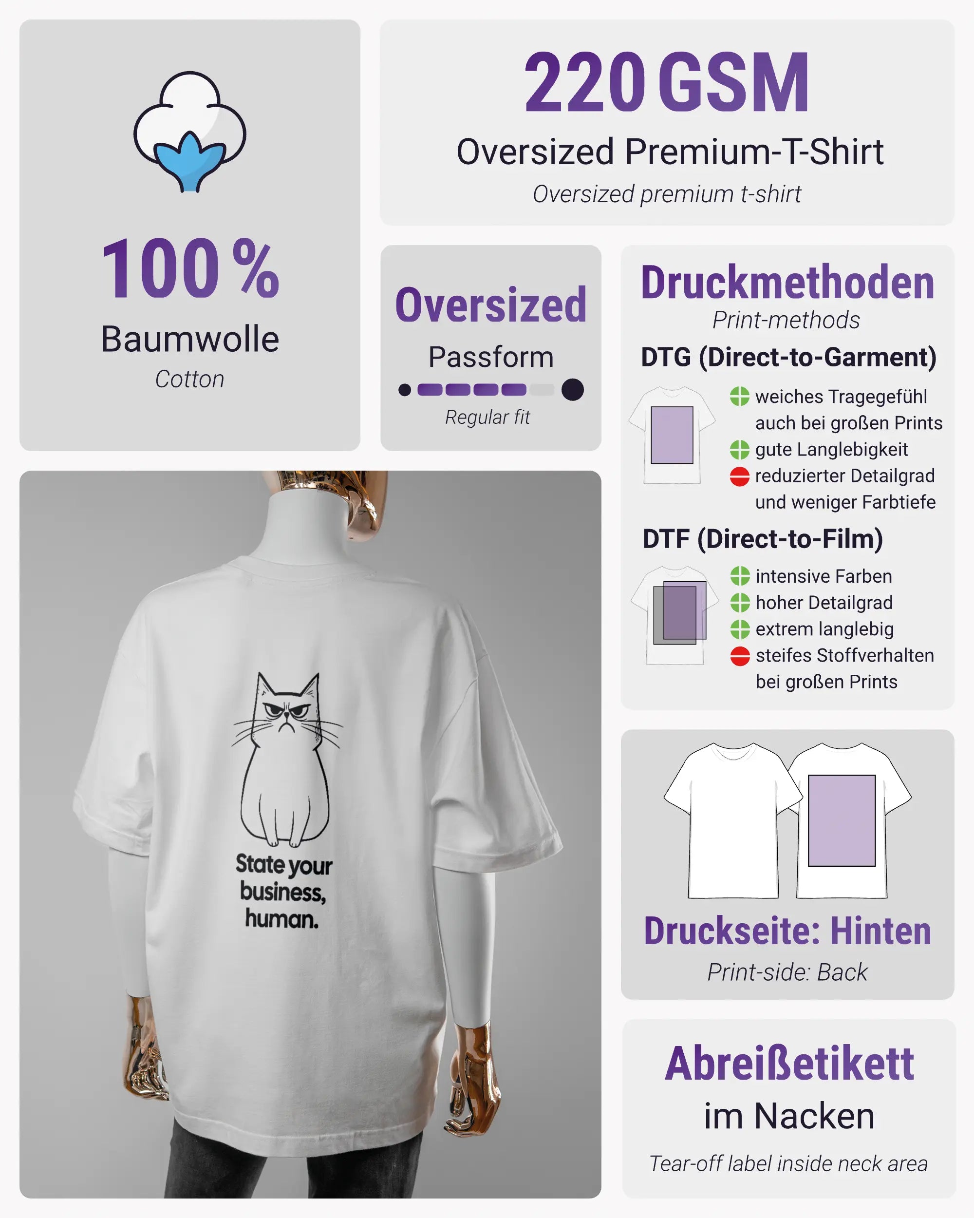 Produktinformationsblatt des Basic Unisex T-Shirt Oversized von Maondo mit dem Design Grumpy Purr hinten in der Farbe White und in der Größe S