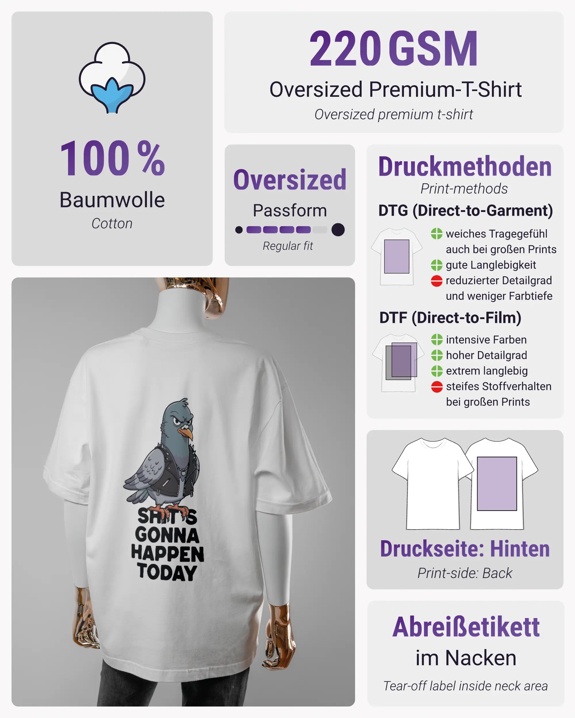 Produktinformationsblatt des Basic Unisex T-Shirt Oversized von Maondo mit dem Design Pigeon Pun hinten in der Farbe White und in der Größe S