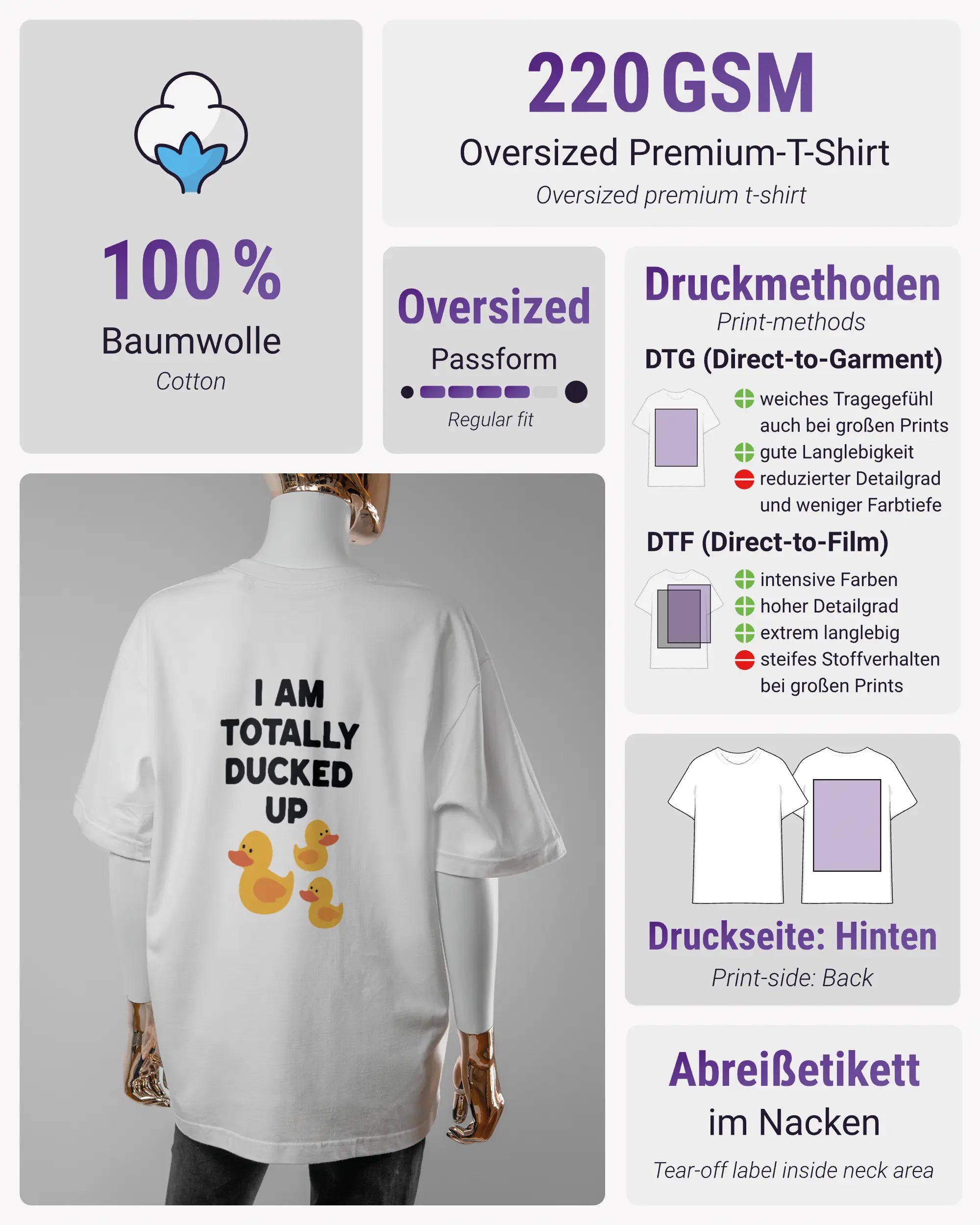 Produktinformationsblatt des Basic Unisex T-Shirt Oversized von Maondo mit dem Design Ducked Up hinten in der Farbe White und in der Größe S