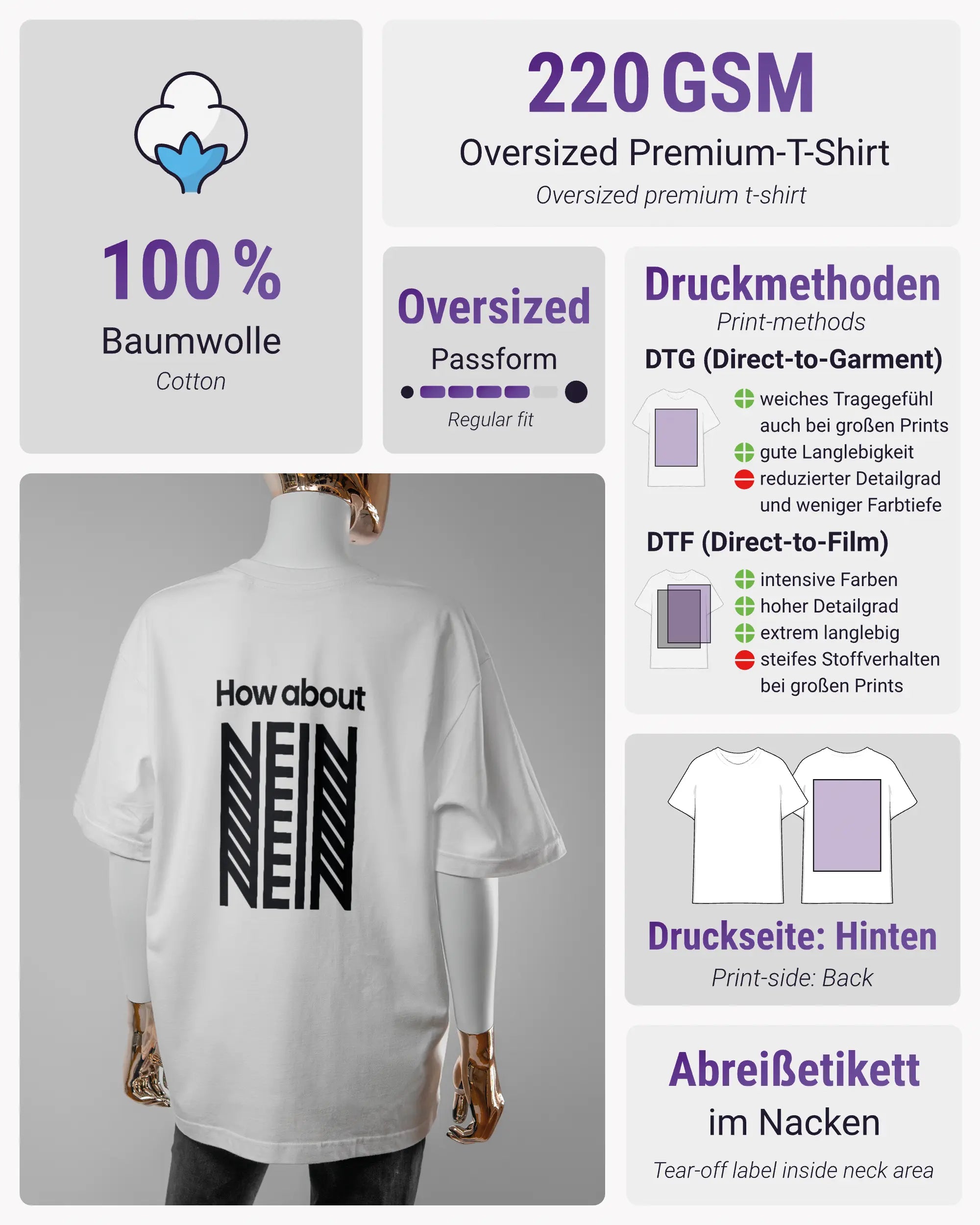 Produktinformationsblatt des Basic Unisex T-Shirt Oversized von Maondo mit dem Design How about nein hinten in der Farbe White und in der Größe S