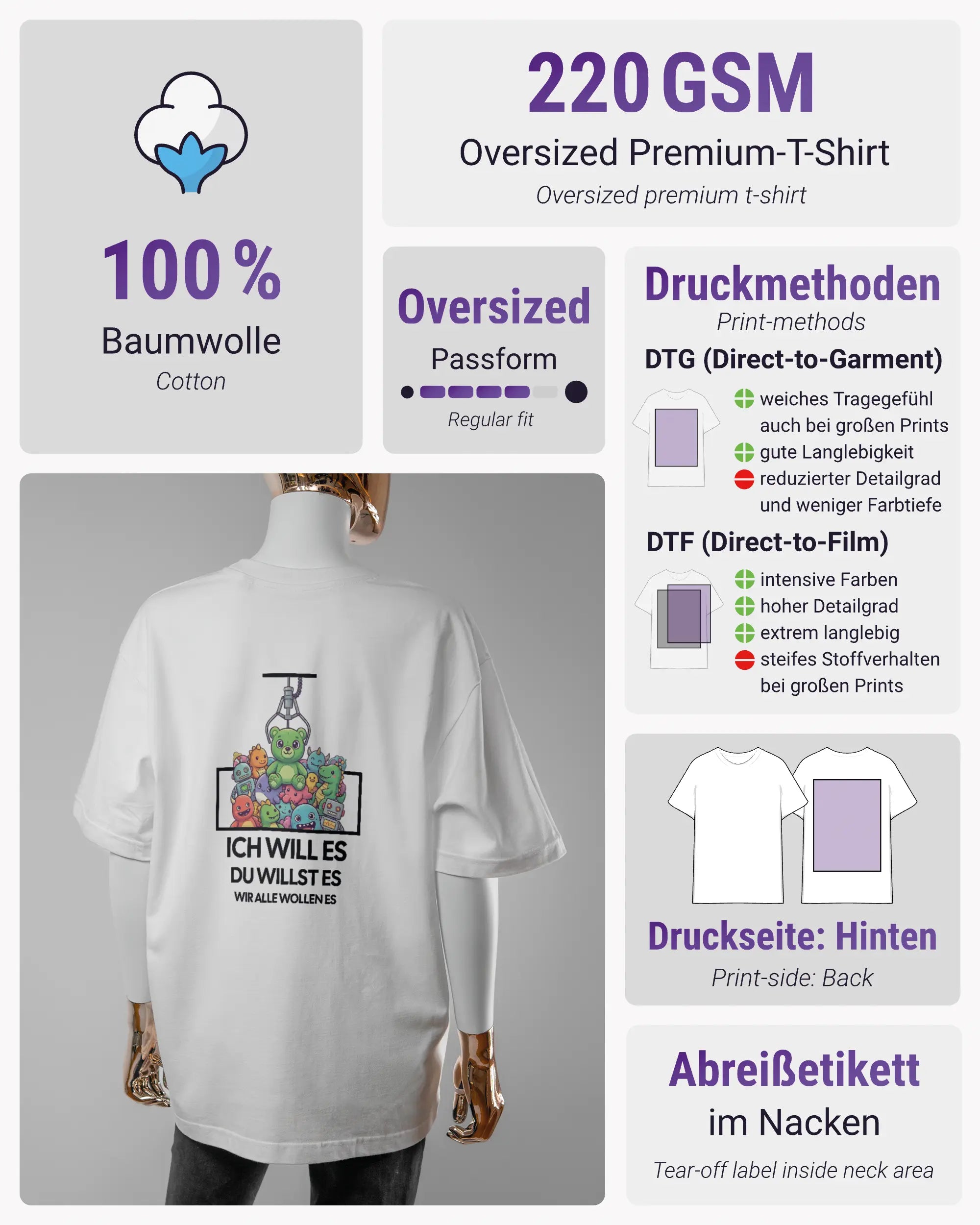 Produktinformationsblatt des Basic Unisex T-Shirt Oversized von Maondo mit dem Design Will Stofftier hinten in der Farbe White und in der Größe S