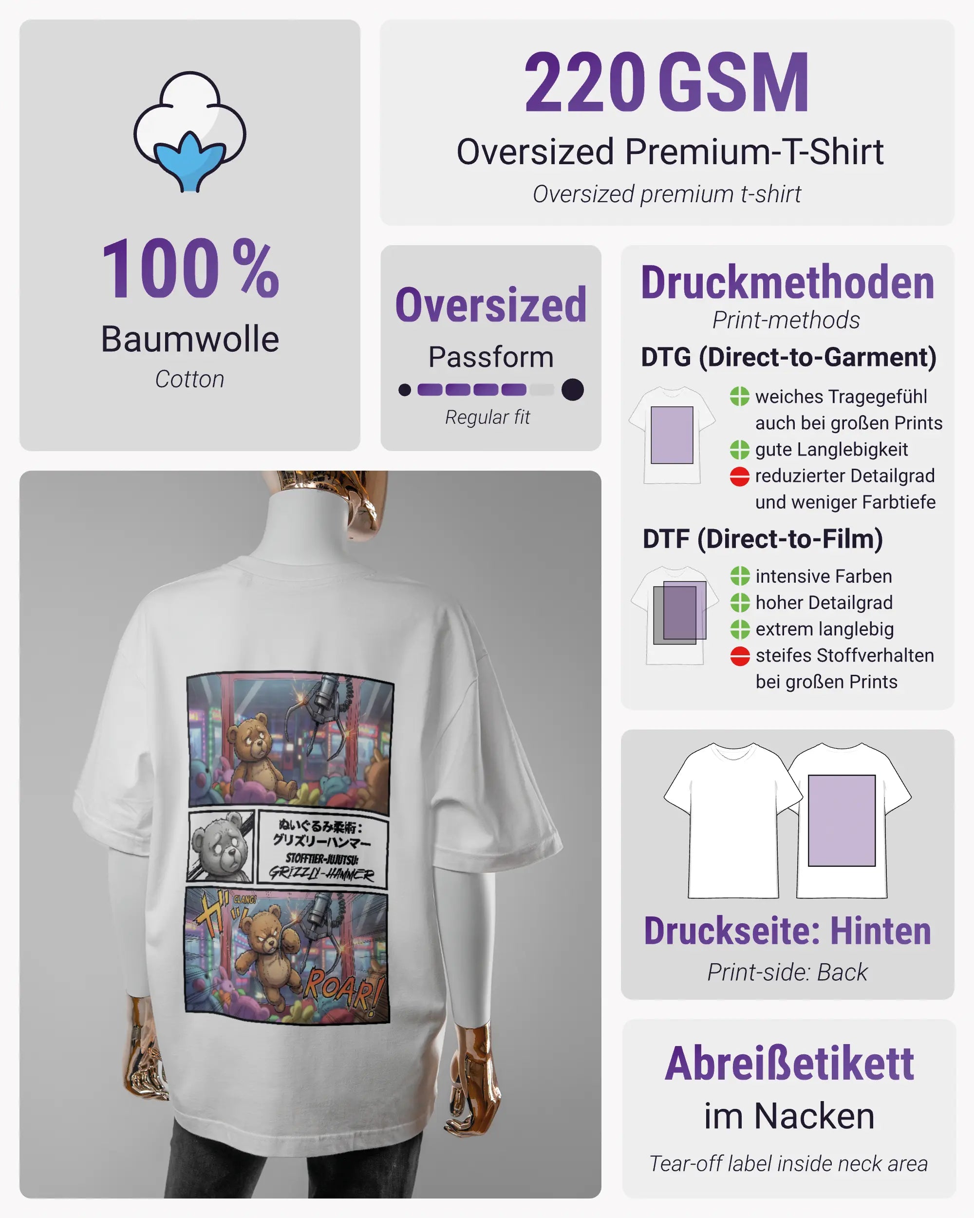 Produktinformationsblatt des Basic Unisex T-Shirt Oversized von Maondo mit dem Design Manga Stoff hinten in der Farbe White und in der Größe S