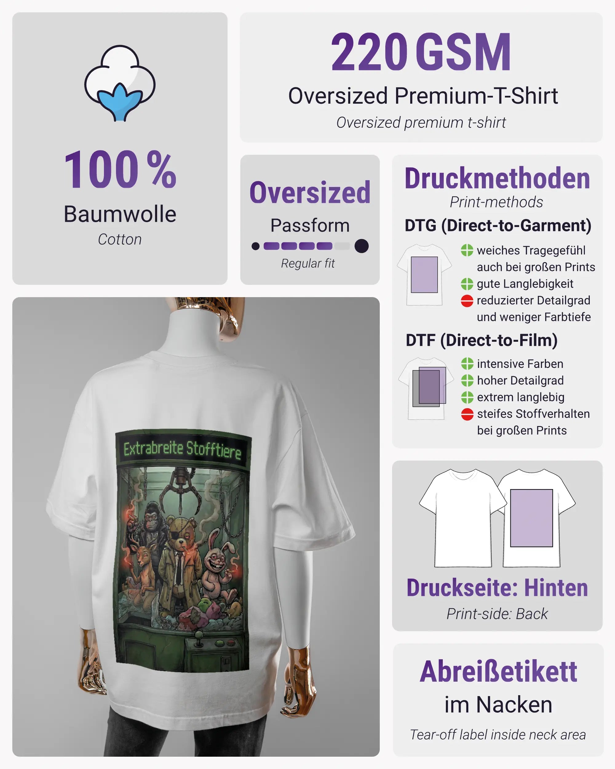 Produktinformationsblatt des Basic Unisex T-Shirt Oversized von Maondo mit dem Design Extrabreit hinten in der Farbe White und in der Größe S