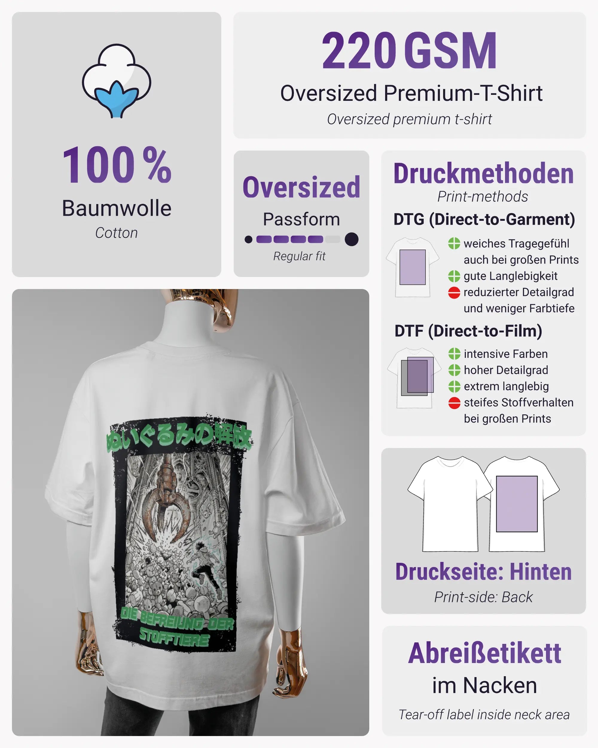 Produktinformationsblatt des Basic Unisex T-Shirt Oversized von Maondo mit dem Design Save 1 Stofftier hinten in der Farbe White und in der Größe S