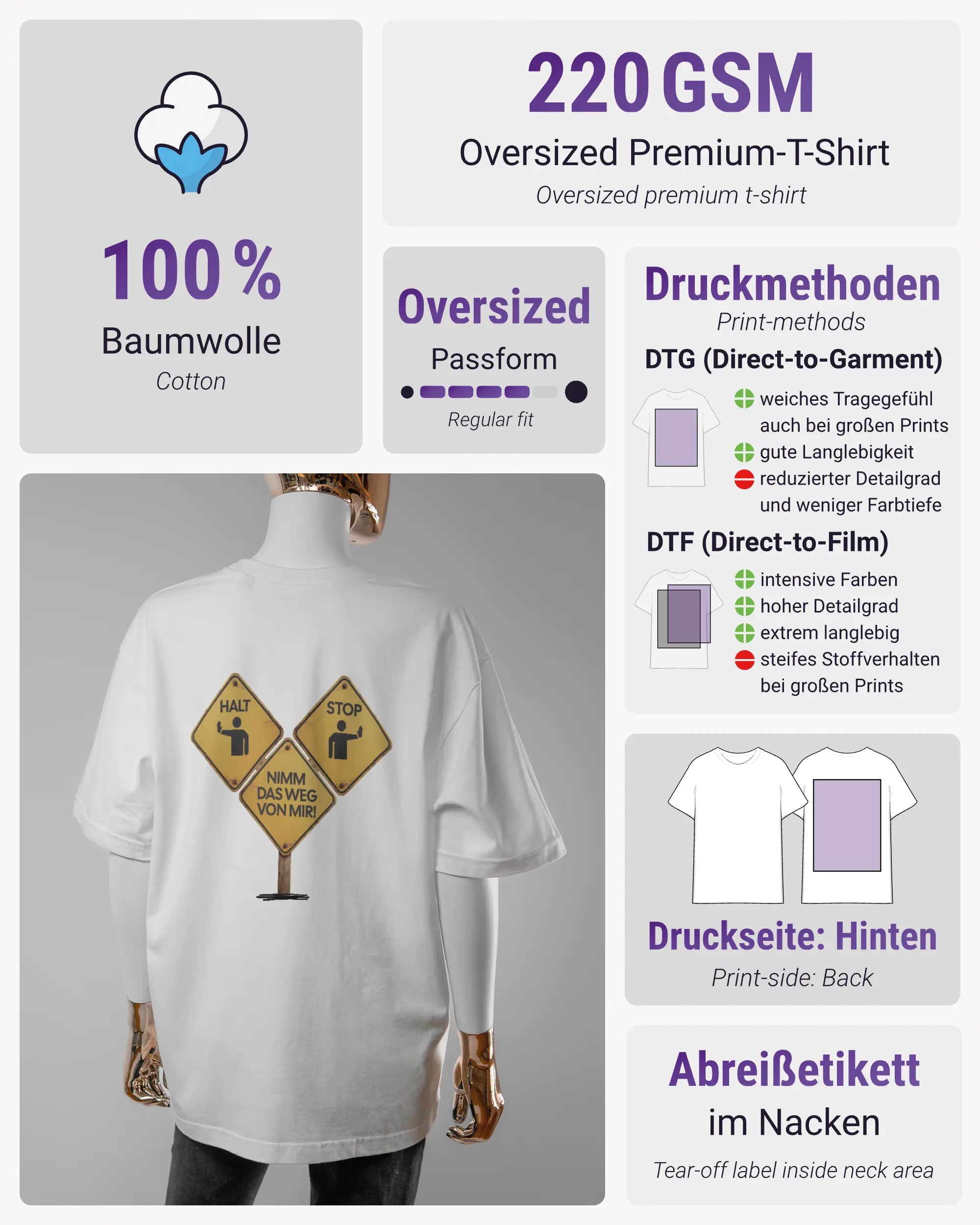 Produktinformationsblatt des Basic Unisex T-Shirt Oversized von Maondo mit dem Design Schutzschild hinten in der Farbe White und in der Größe S