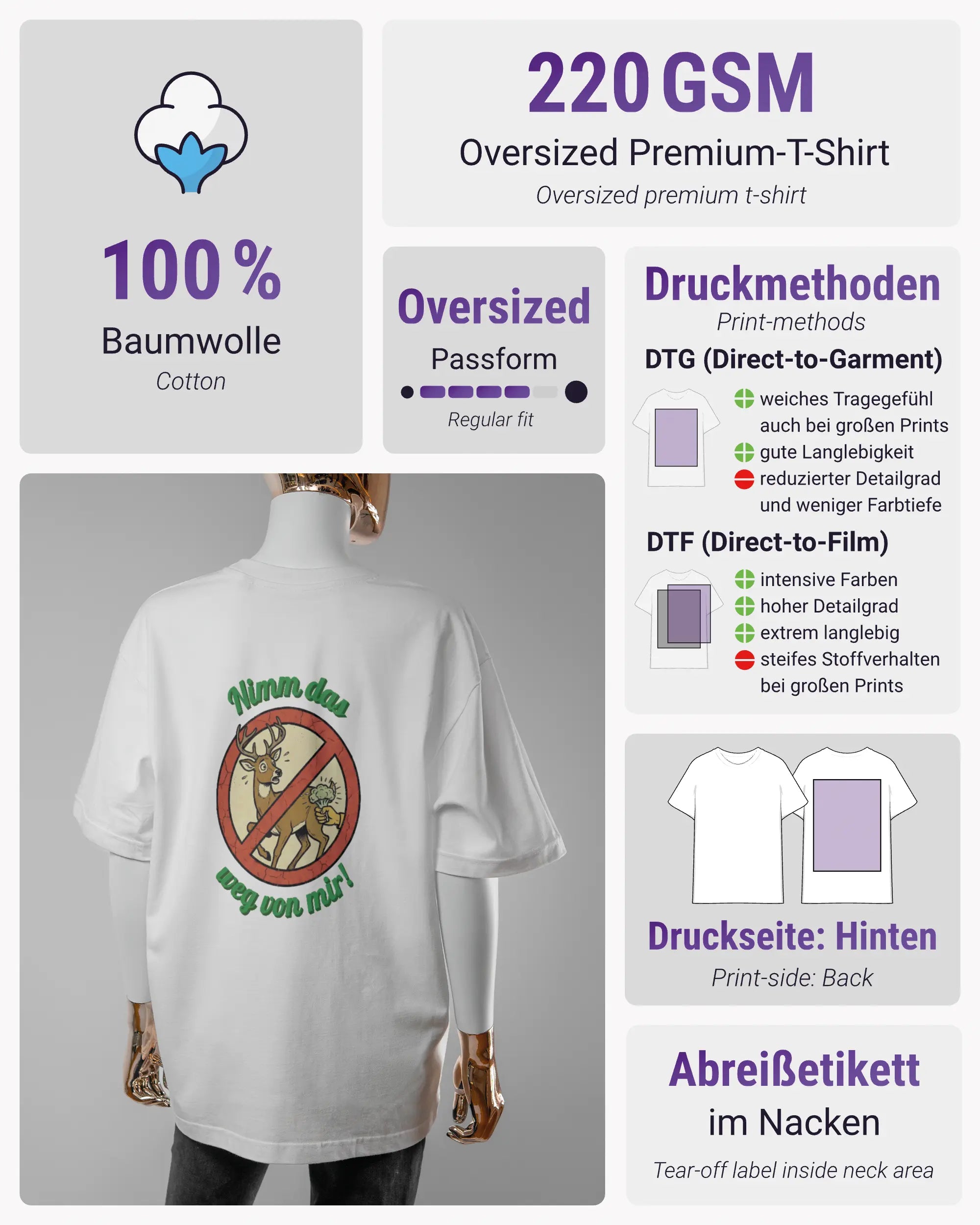 Produktinformationsblatt des Basic Unisex T-Shirt Oversized von Maondo mit dem Design Reh weg hinten in der Farbe White und in der Größe S