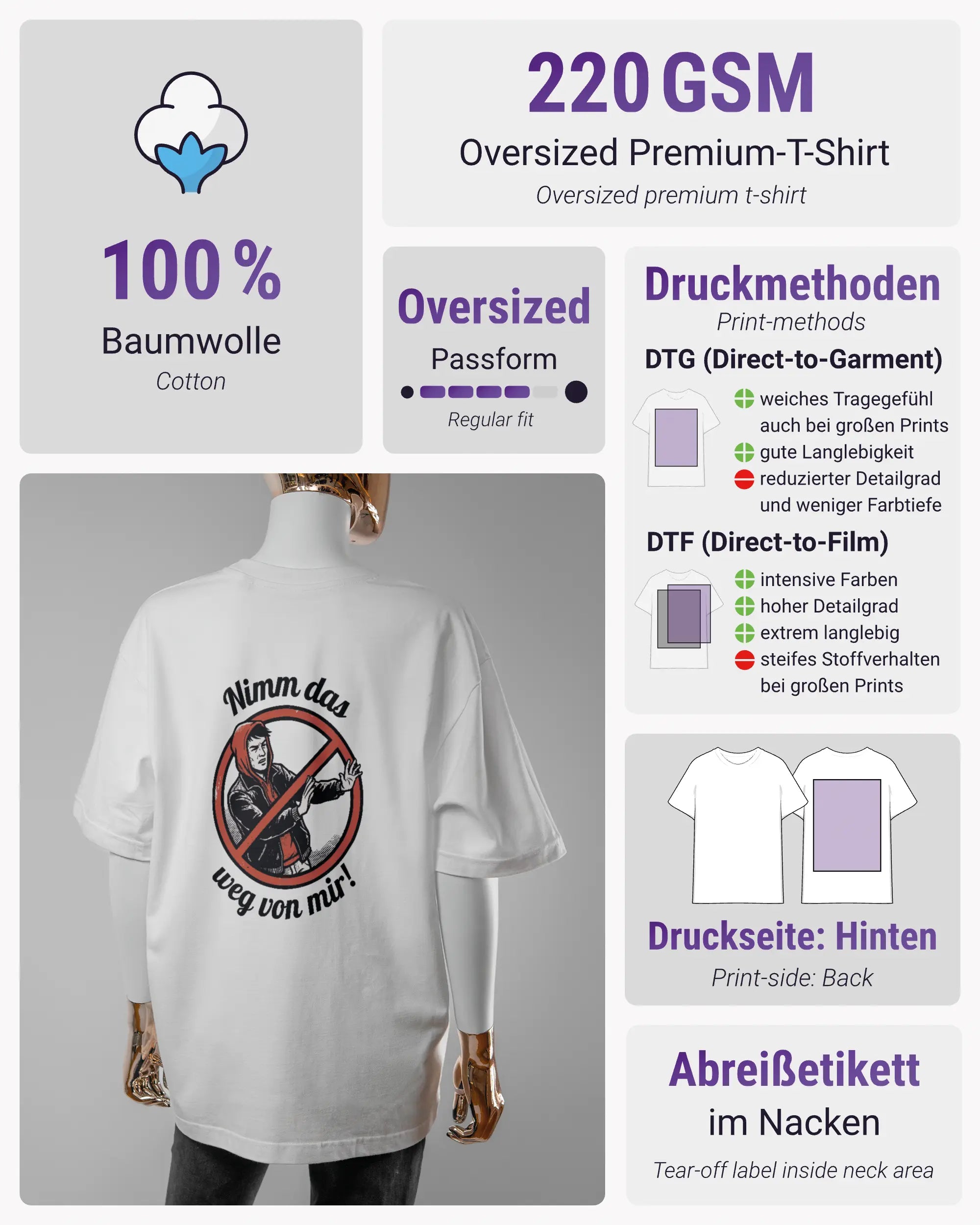 Produktinformationsblatt des Basic Unisex T-Shirt Oversized von Maondo mit dem Design Nimm das weg hinten in der Farbe White und in der Größe S