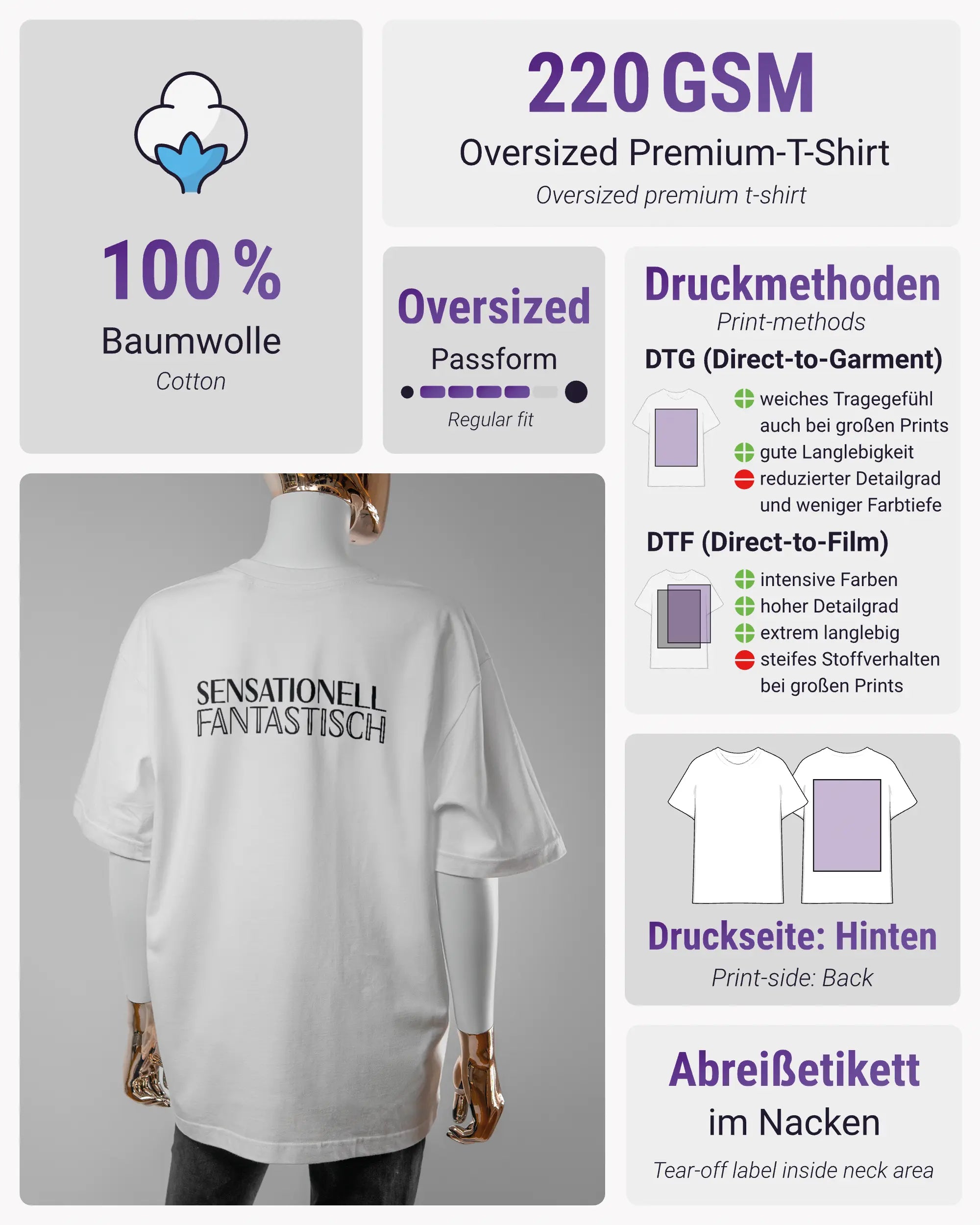 Produktinformationsblatt des Basic Unisex T-Shirt Oversized von Maondo mit dem Design Sensationell hinten in der Farbe White und in der Größe S