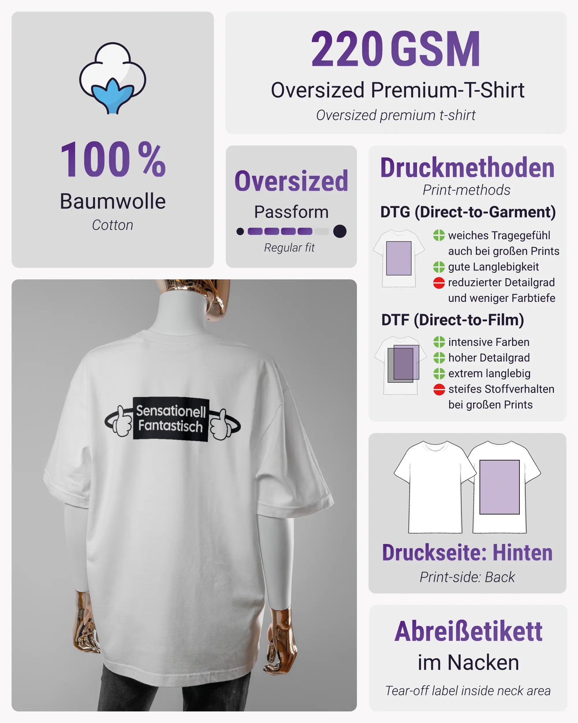 Produktinformationsblatt des Basic Unisex T-Shirt Oversized von Maondo mit dem Design Fantastisch hinten in der Farbe White und in der Größe S