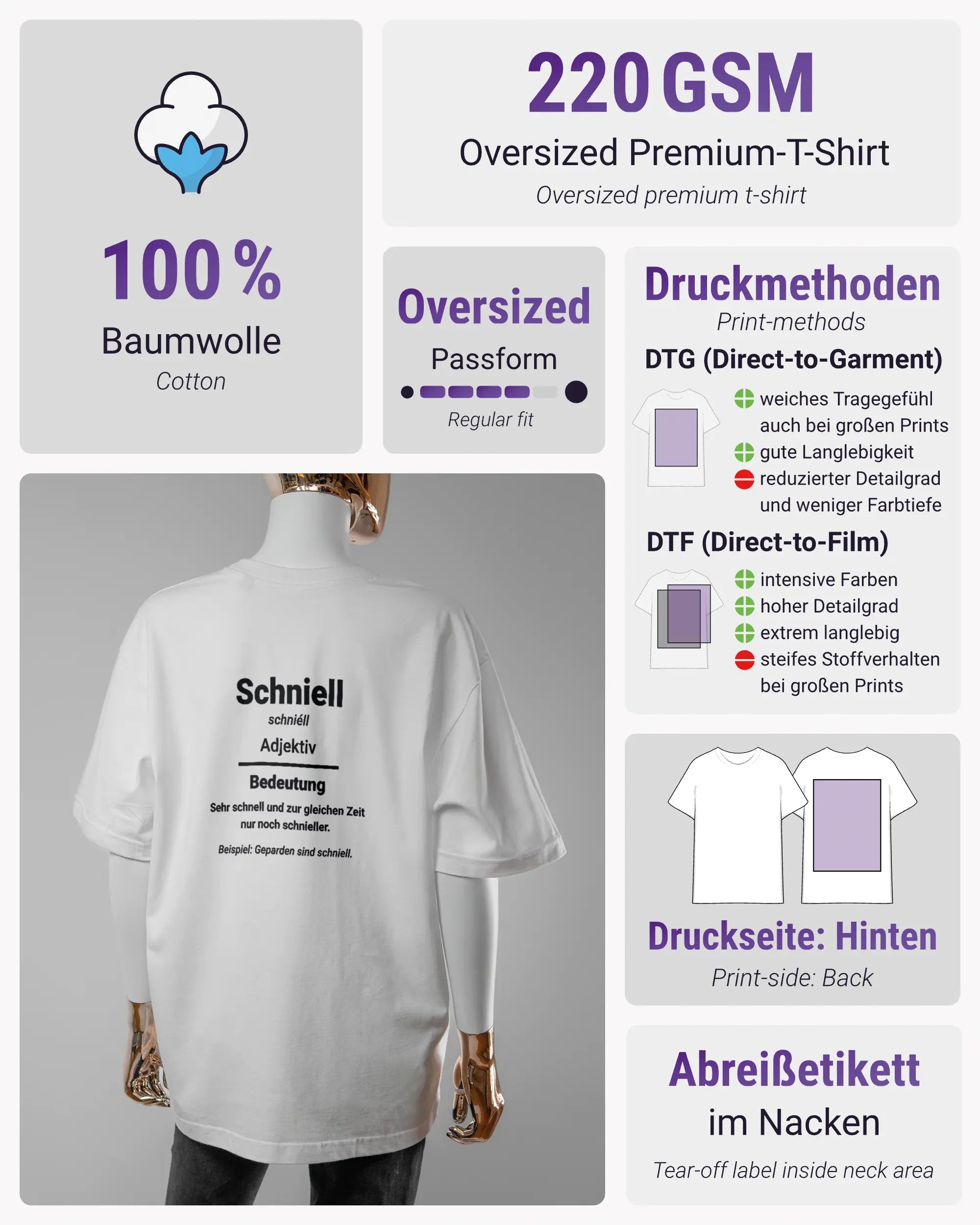 Produktinformationsblatt des Basic Unisex T-Shirt Oversized von Maondo mit dem Design Schniell hinten in der Farbe White und in der Größe S