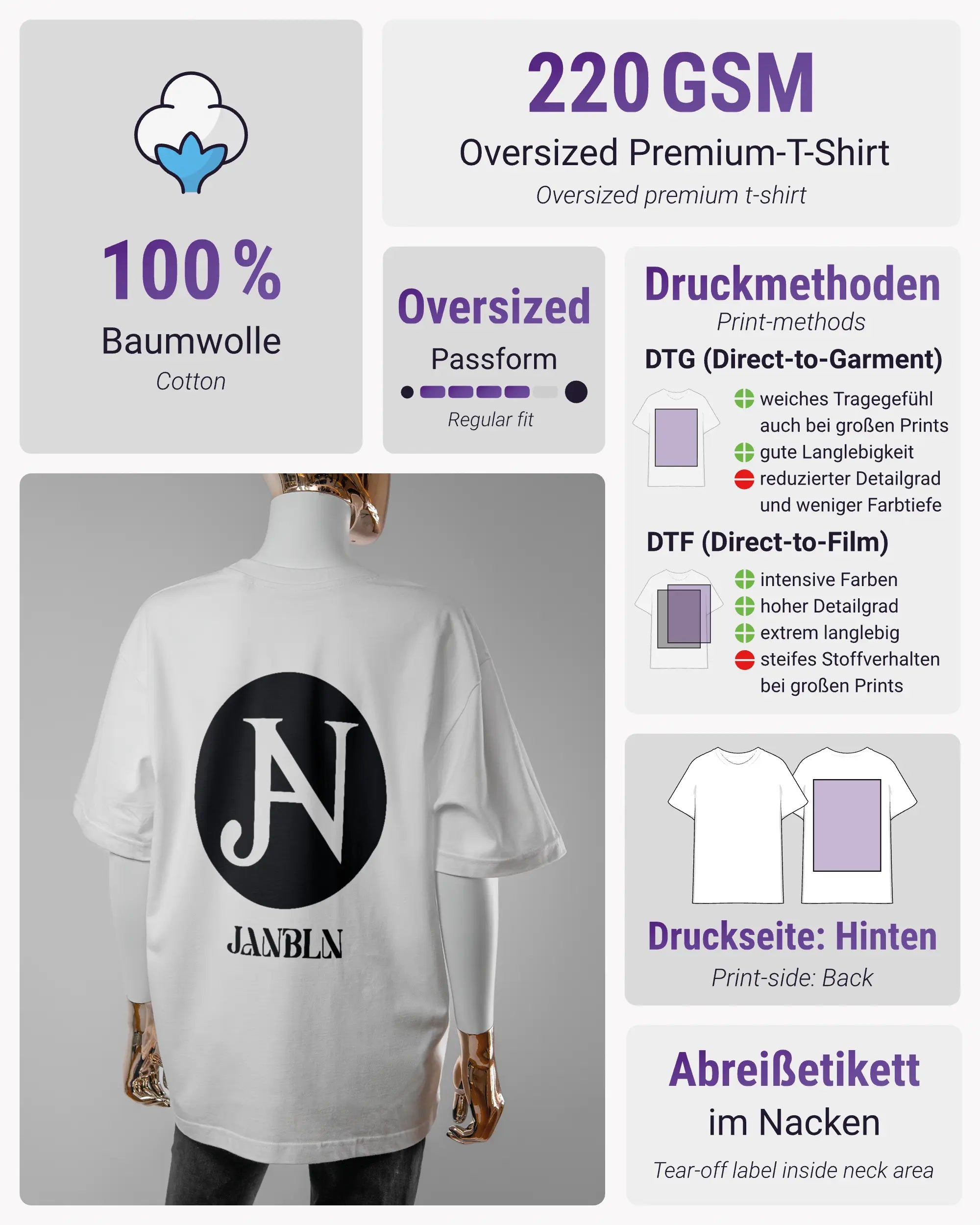 Produktinformationsblatt des Basic Unisex T-Shirt Oversized von Maondo mit dem Design JB1 hinten in der Farbe White und in der Größe S