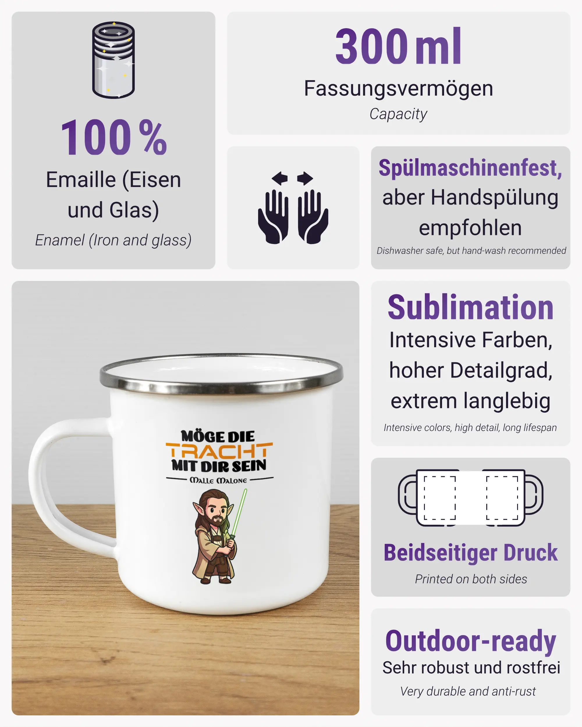 Produktinformationsblatt der beidseitig bedruckten Emailletasse von Maondo mit dem Design Tracht mit dir in der Farbe White-Silver
