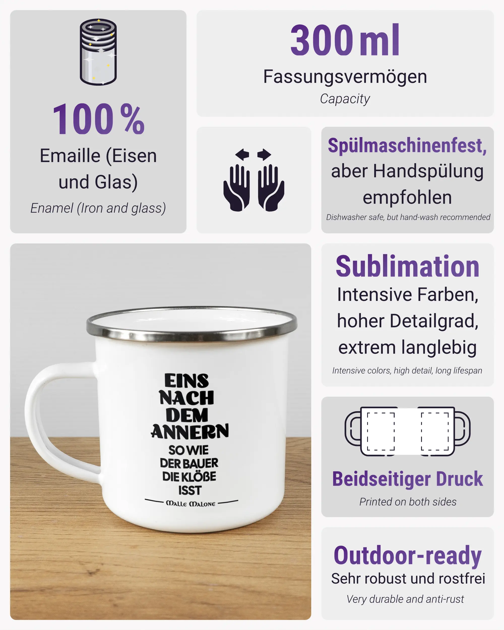 Produktinformationsblatt der beidseitig bedruckten Emailletasse von Maondo mit dem Design Eins nach dem Annern in der Farbe White-Silver