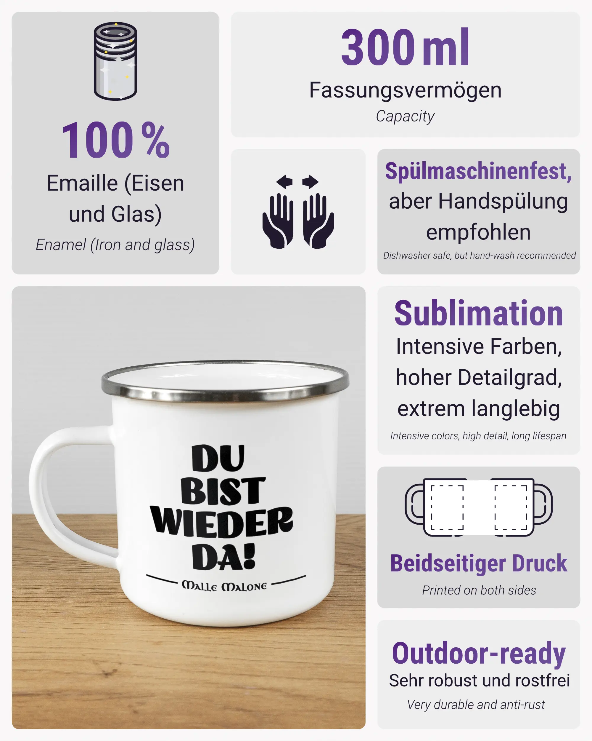 Produktinformationsblatt der beidseitig bedruckten Emailletasse von Maondo mit dem Design Wieder da in der Farbe White-Silver