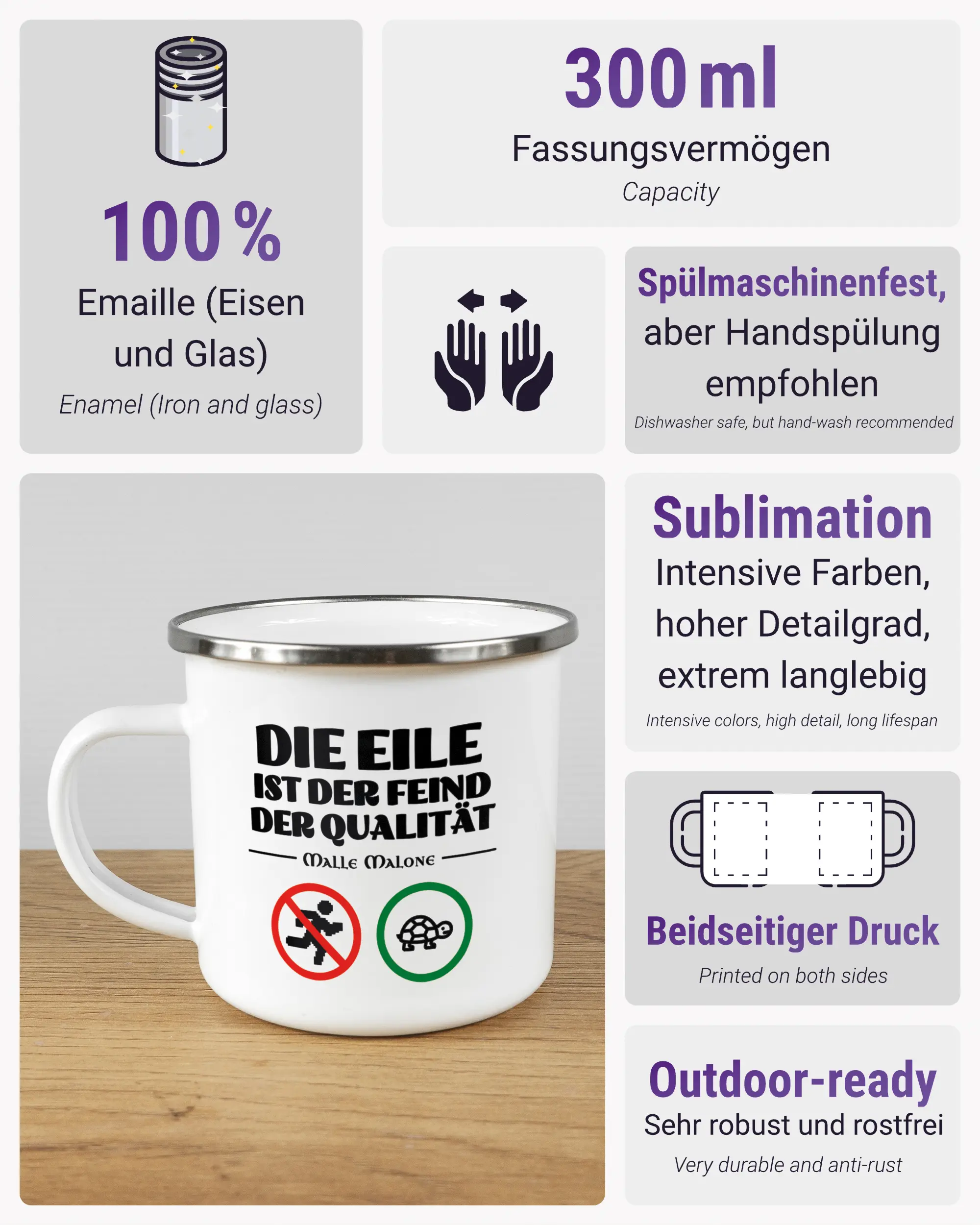 Produktinformationsblatt der beidseitig bedruckten Emailletasse von Maondo mit dem Design Keine Eile in der Farbe White-Silver