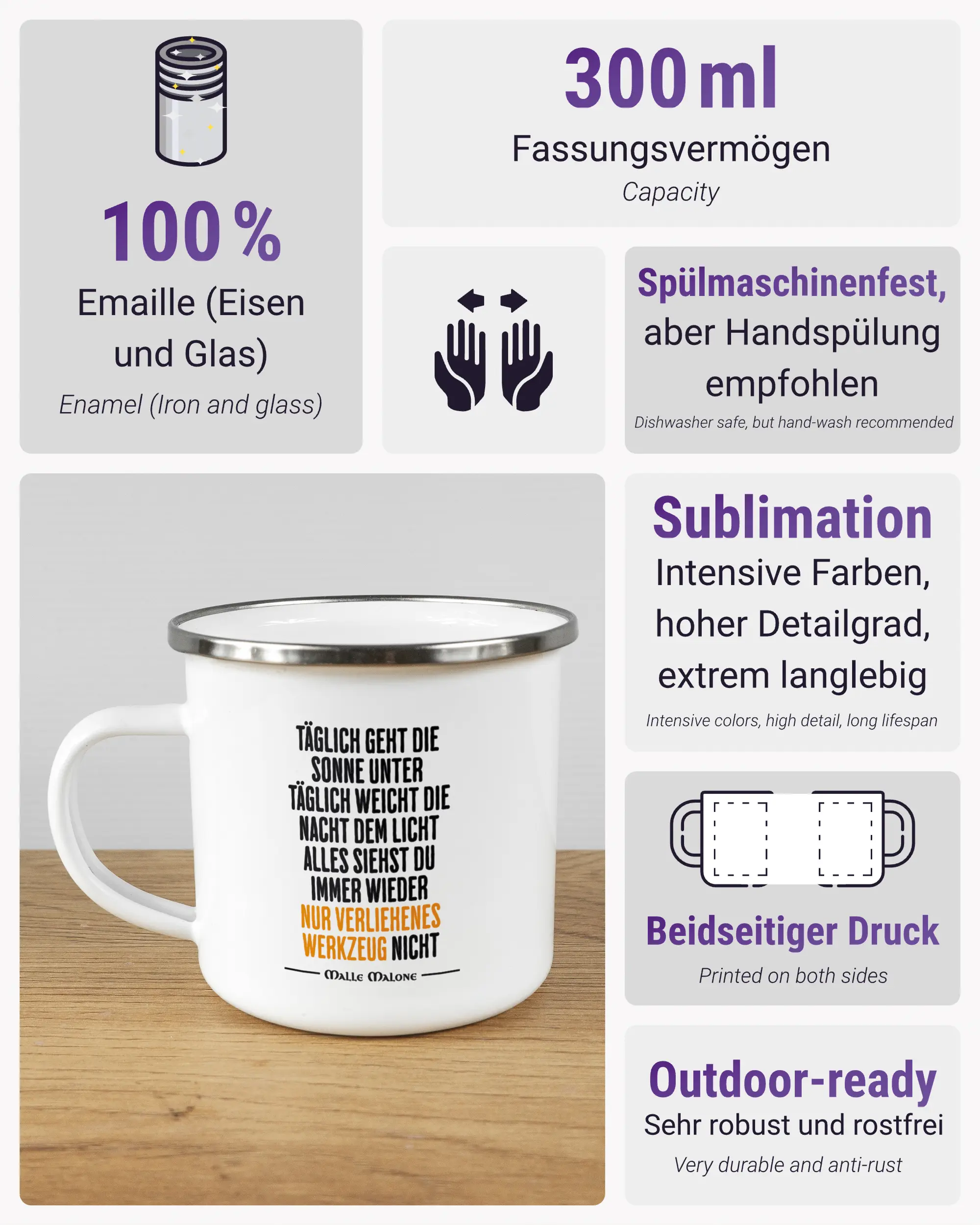 Produktinformationsblatt der beidseitig bedruckten Emailletasse von Maondo mit dem Design Wegzeug in der Farbe White-Silver