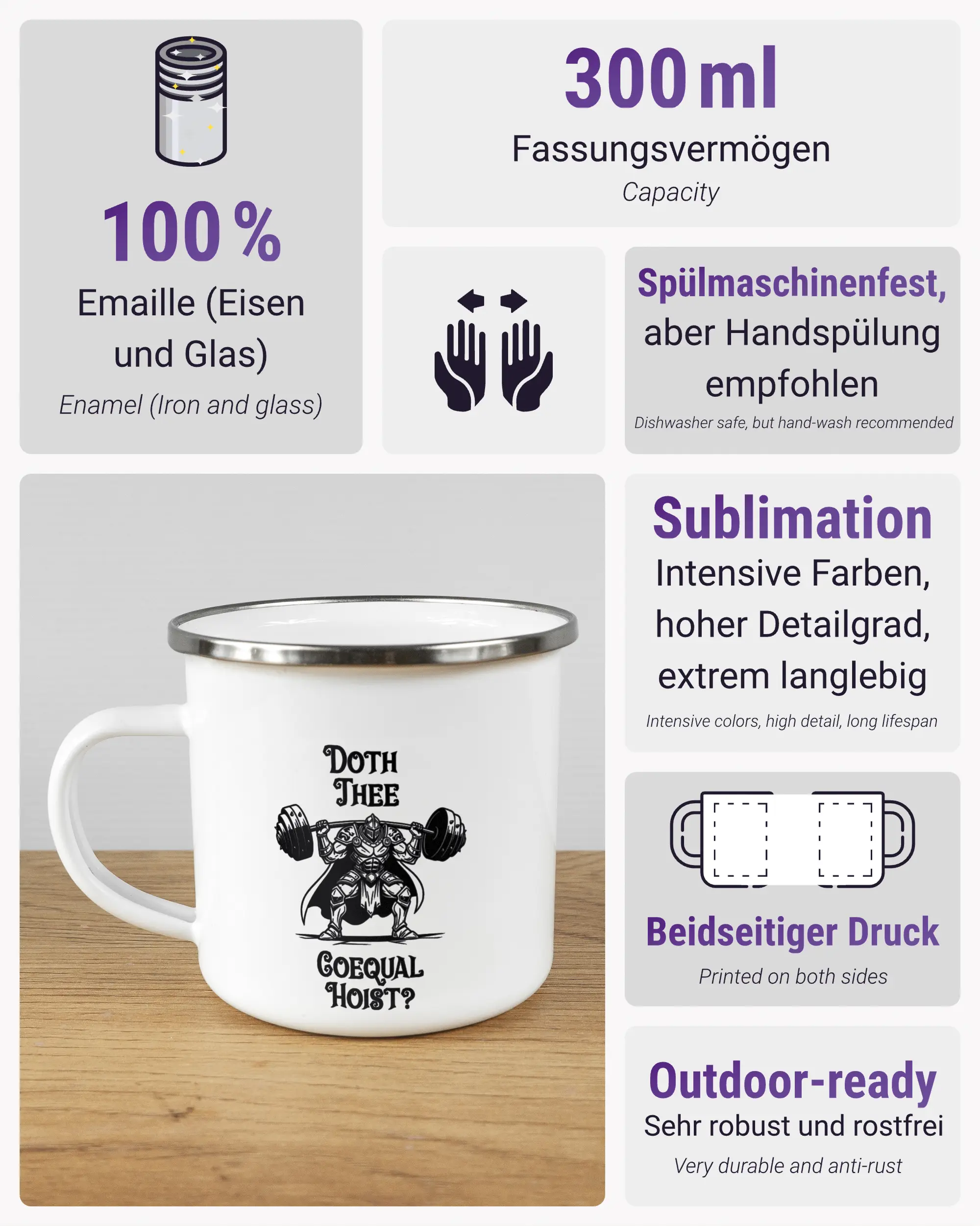 Produktinformationsblatt der beidseitig bedruckten Emailletasse von Maondo mit dem Design Hoist Mode in der Farbe White-Silver