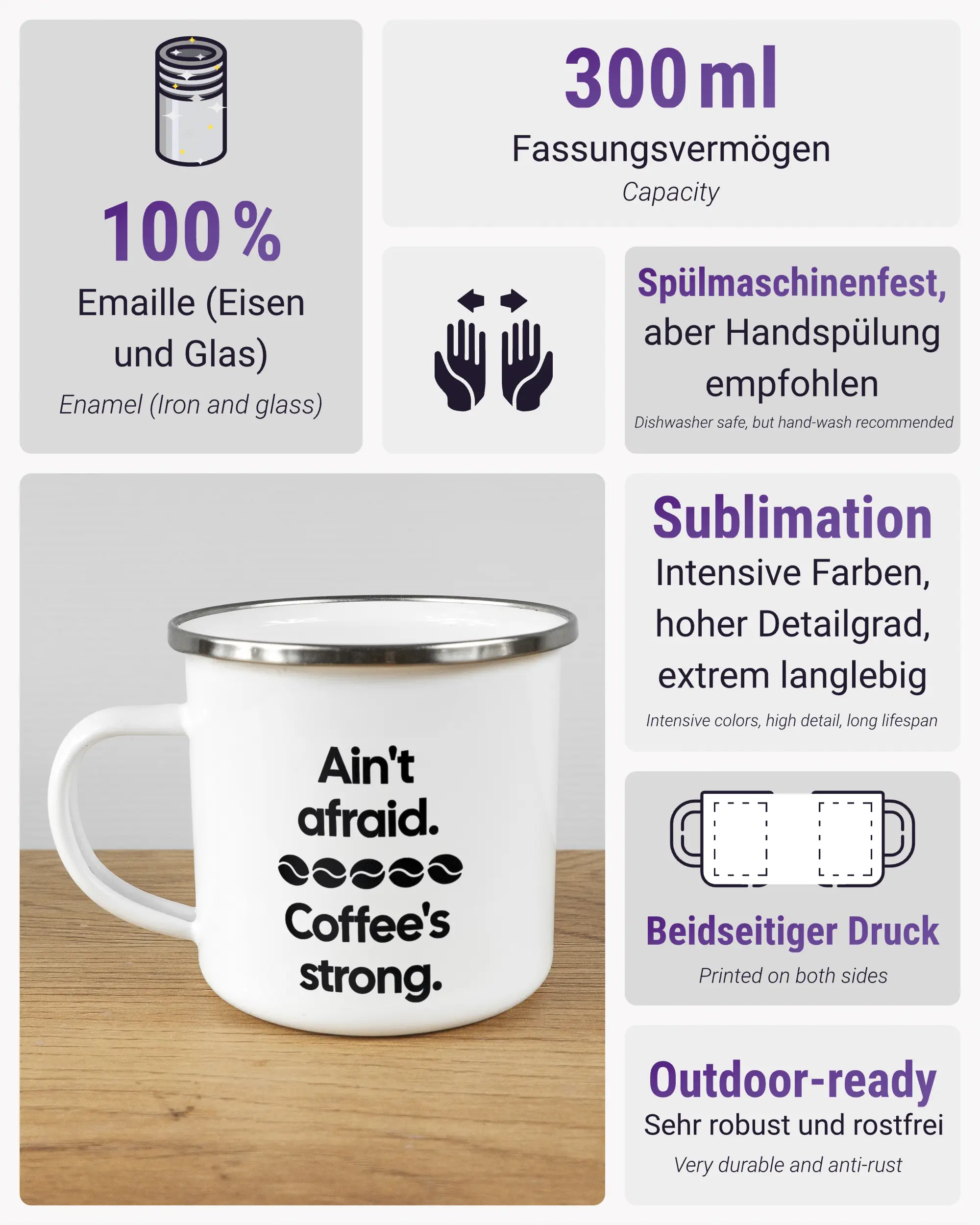 Produktinformationsblatt der beidseitig bedruckten Emailletasse von Maondo mit dem Design Coffee is strong in der Farbe White-Silver