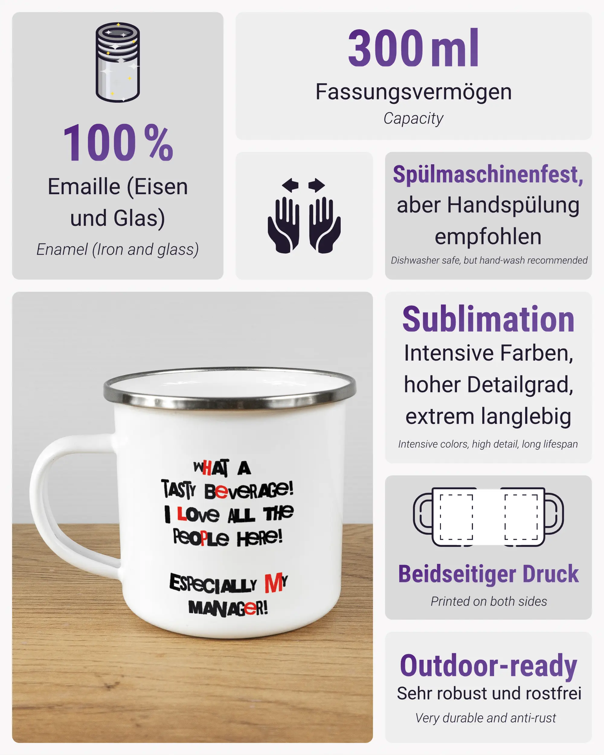 Produktinformationsblatt der beidseitig bedruckten Emailletasse von Maondo mit dem Design Help me in der Farbe White-Silver