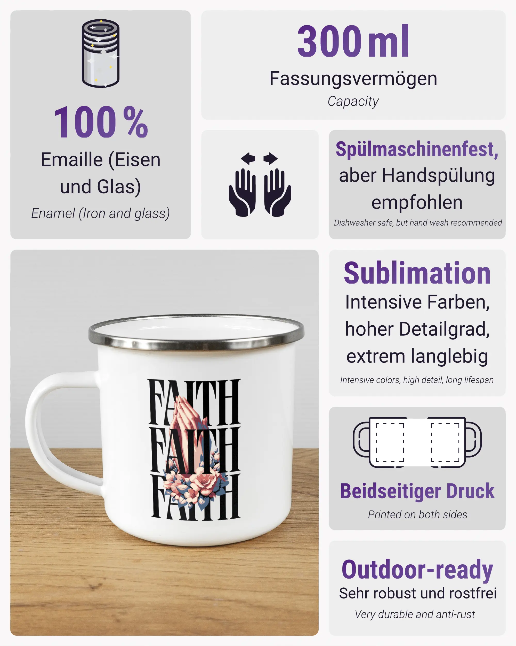 Produktinformationsblatt der beidseitig bedruckten Emailletasse von Maondo mit dem Design Faith X3 in der Farbe White-Silver