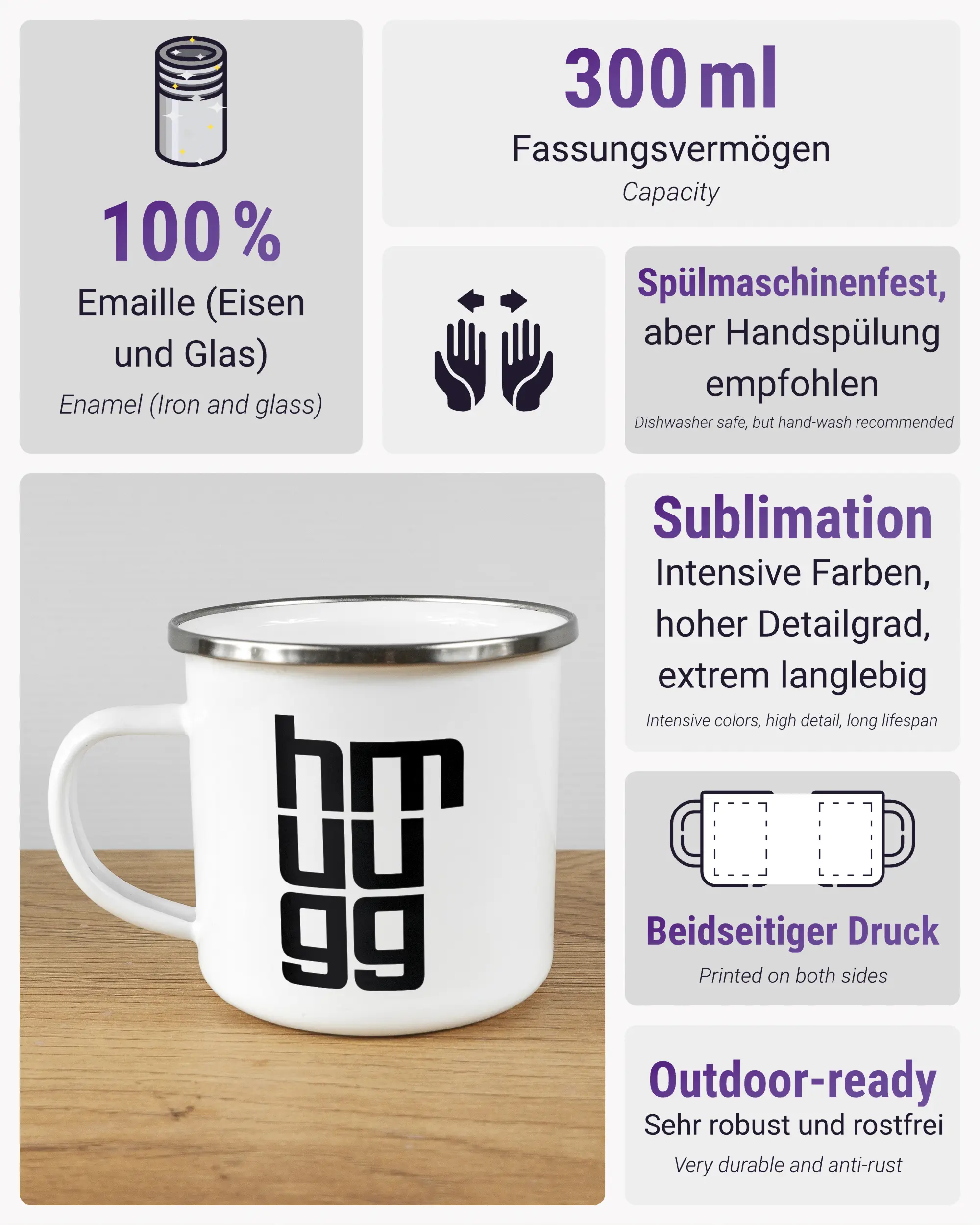 Produktinformationsblatt der beidseitig bedruckten Emailletasse von Maondo mit dem Design Hug Mug in der Farbe White-Silver