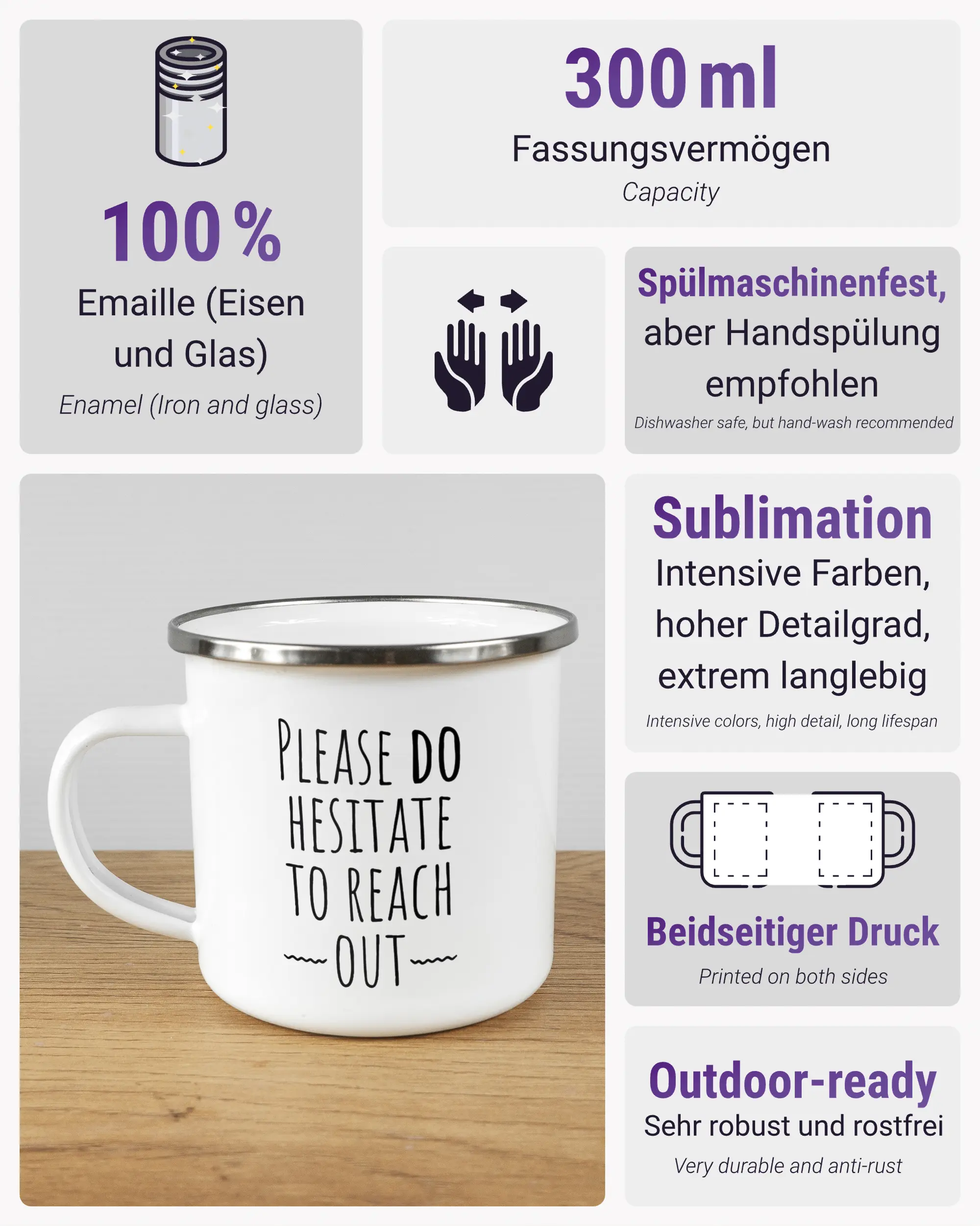 Produktinformationsblatt der beidseitig bedruckten Emailletasse von Maondo mit dem Design Please Hesitate in der Farbe White-Silver