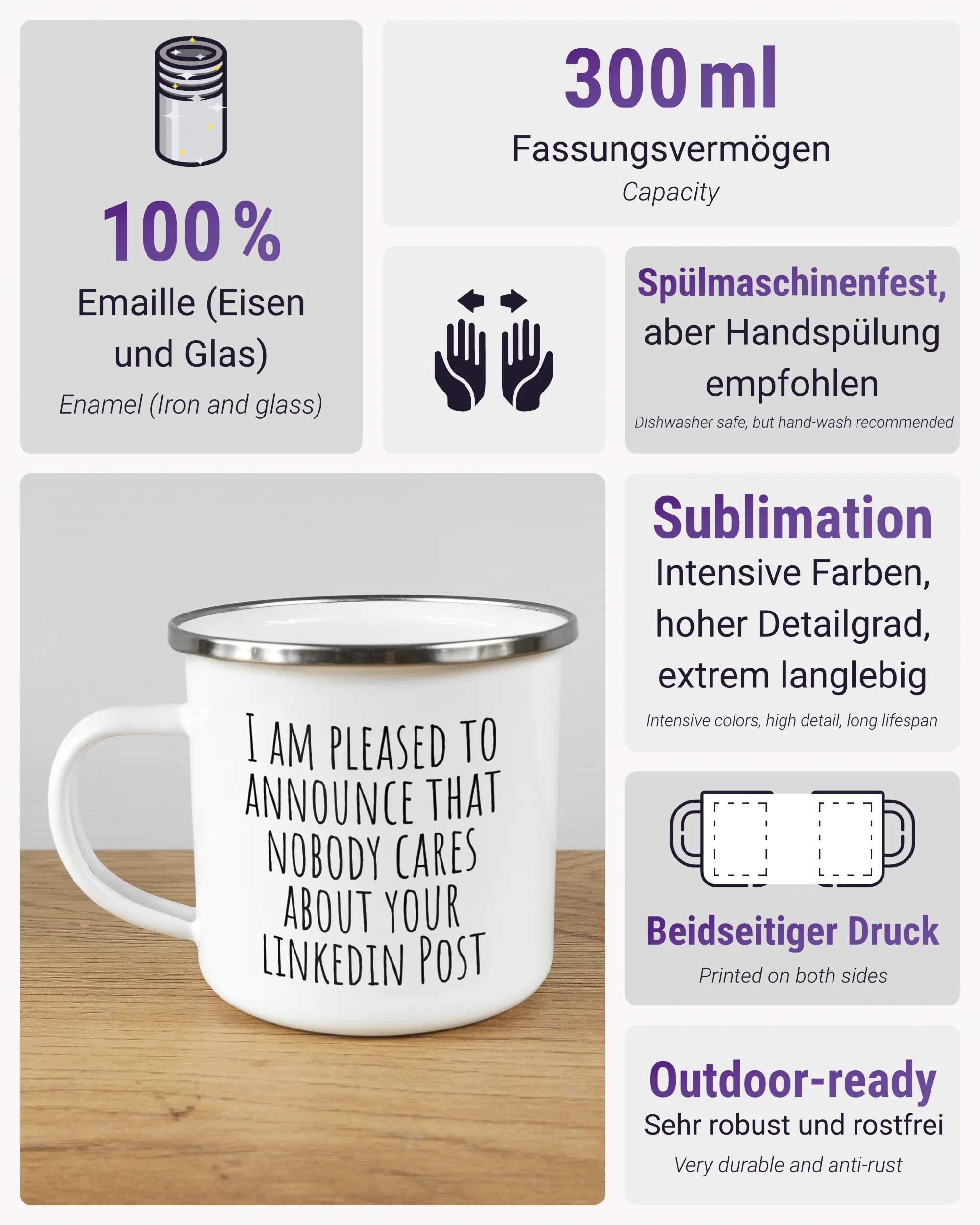 Produktinformationsblatt der beidseitig bedruckten Emailletasse von Maondo mit dem Design Please Unannounce in der Farbe White-Silver