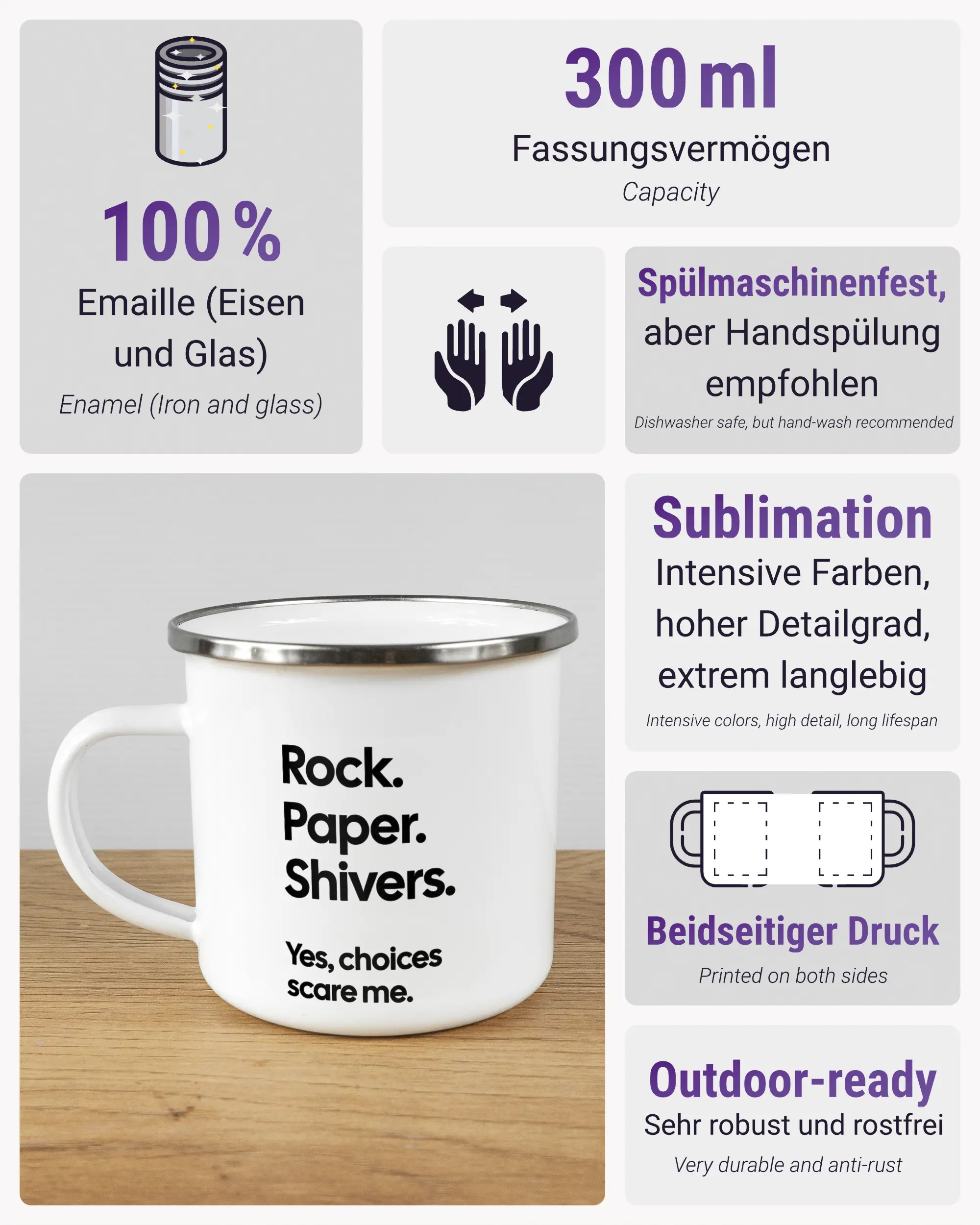 Produktinformationsblatt der beidseitig bedruckten Emailletasse von Maondo mit dem Design Rock Paper Shivers in der Farbe White-Silver