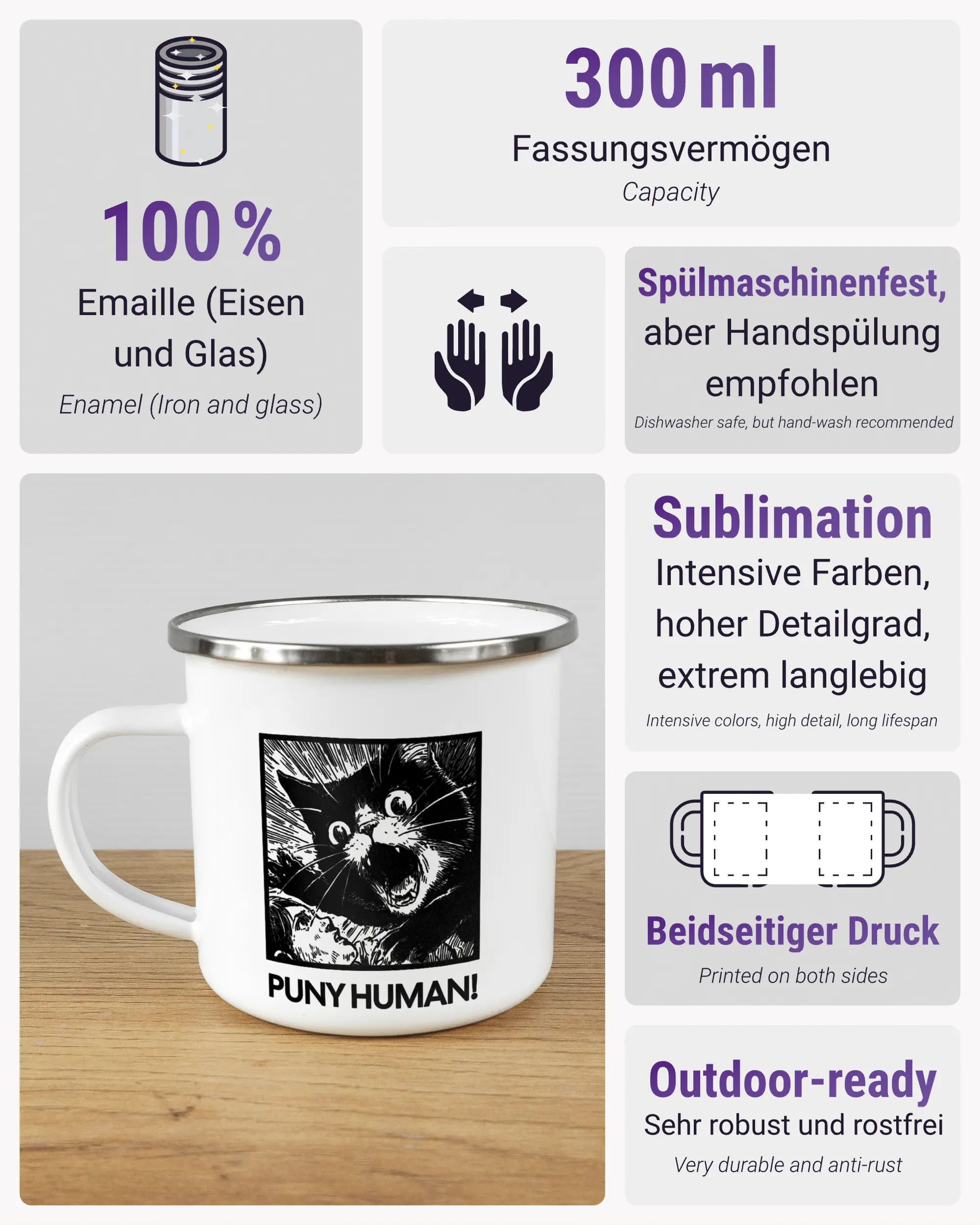 Produktinformationsblatt der beidseitig bedruckten Emailletasse von Maondo mit dem Design Puny Human in der Farbe White-Silver