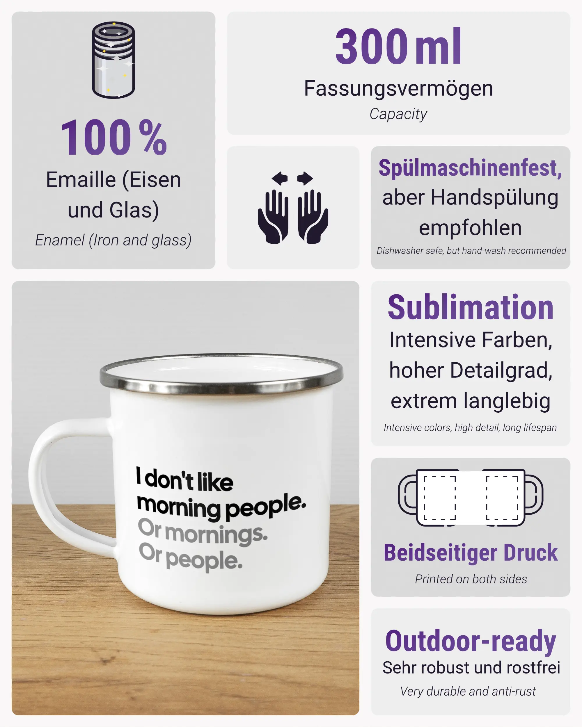 Produktinformationsblatt der beidseitig bedruckten Emailletasse von Maondo mit dem Design Morning Person in der Farbe White-Silver