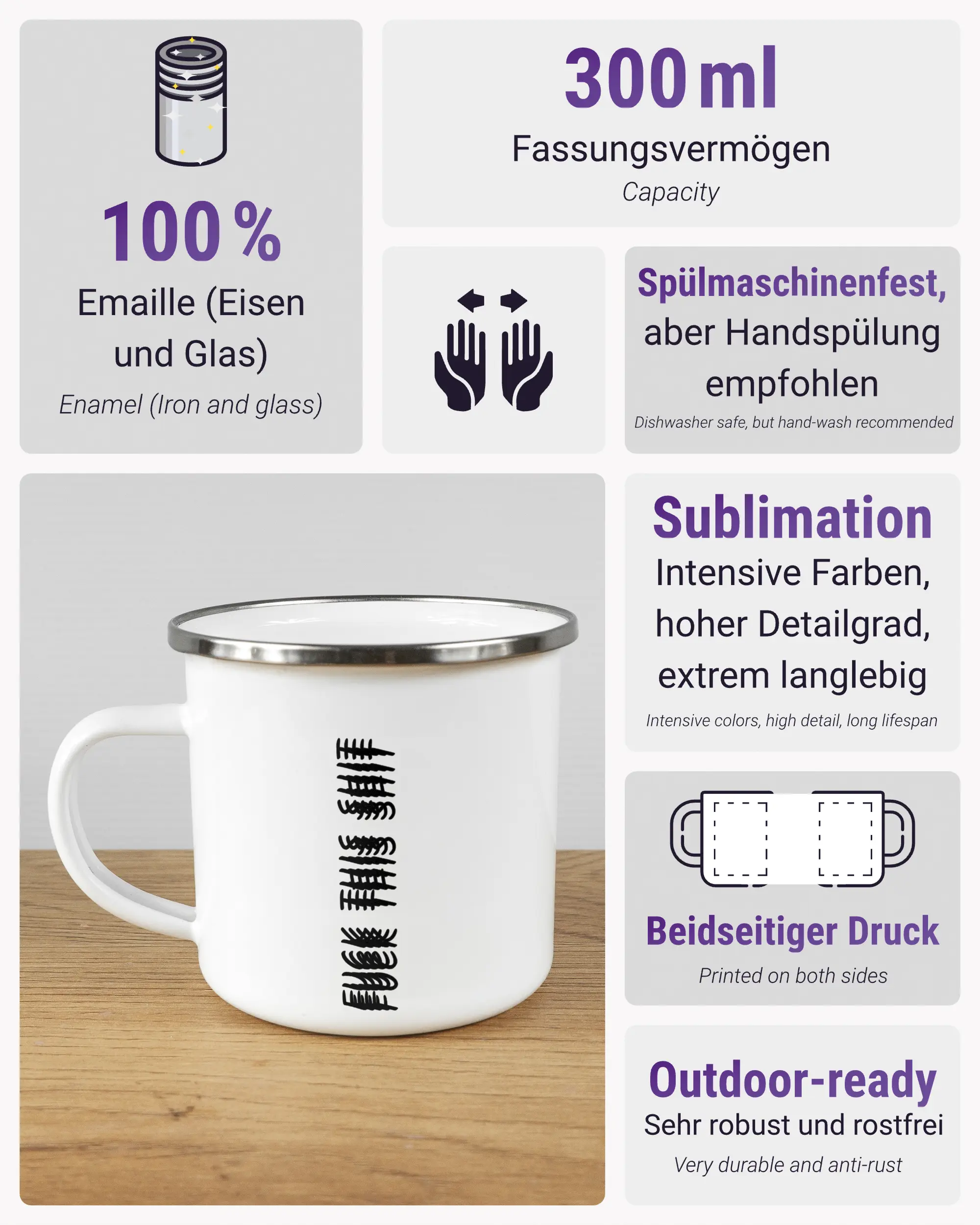 Produktinformationsblatt der beidseitig bedruckten Emailletasse von Maondo mit dem Design Hidden Message in der Farbe White-Silver