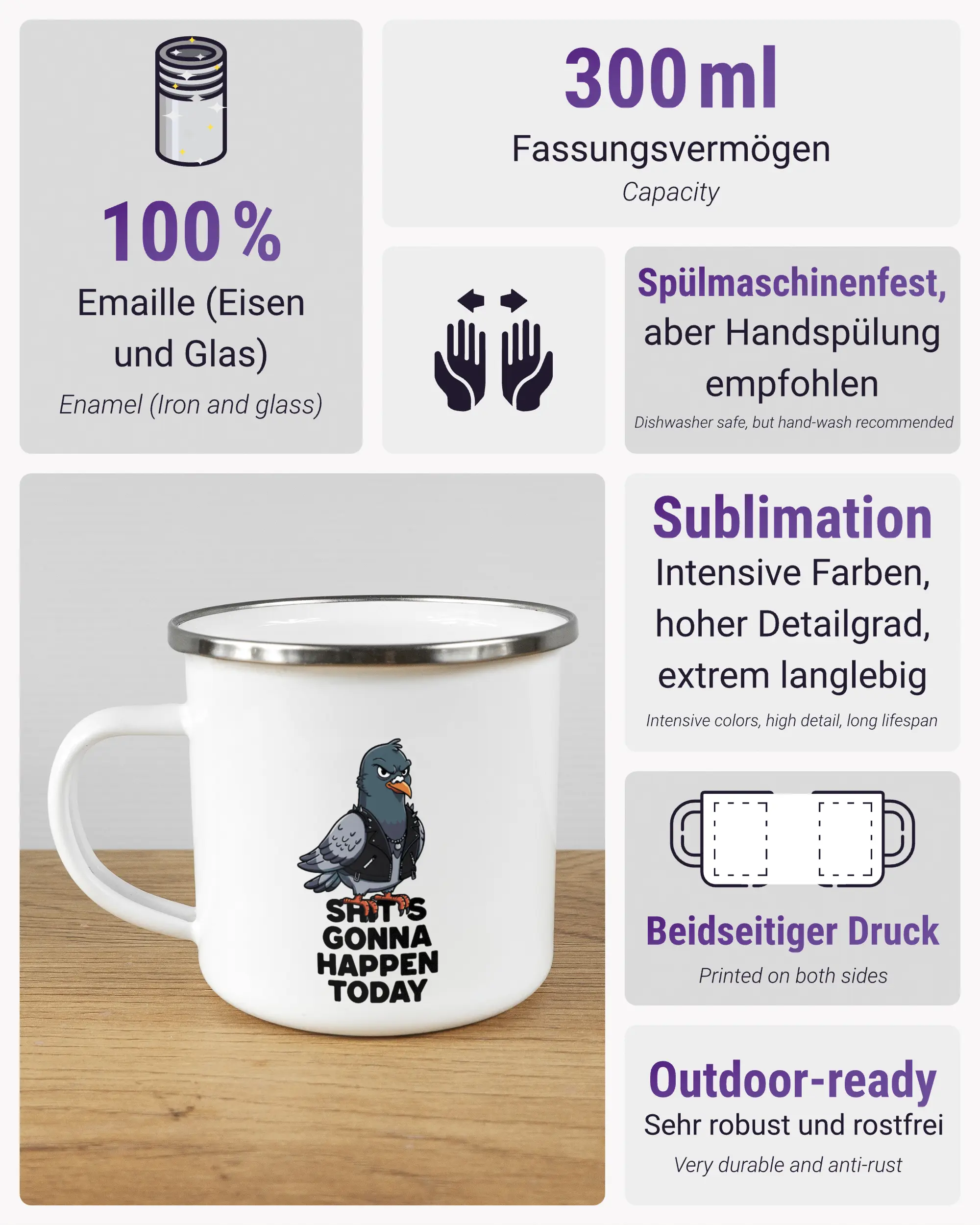 Produktinformationsblatt der beidseitig bedruckten Emailletasse von Maondo mit dem Design Pigeon Pun in der Farbe White-Silver