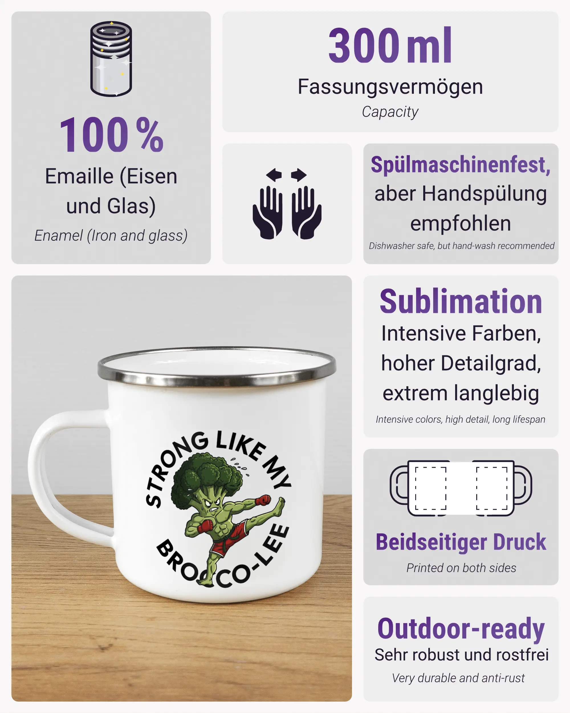 Produktinformationsblatt der beidseitig bedruckten Emailletasse von Maondo mit dem Design Brocco-Lee in der Farbe White-Silver