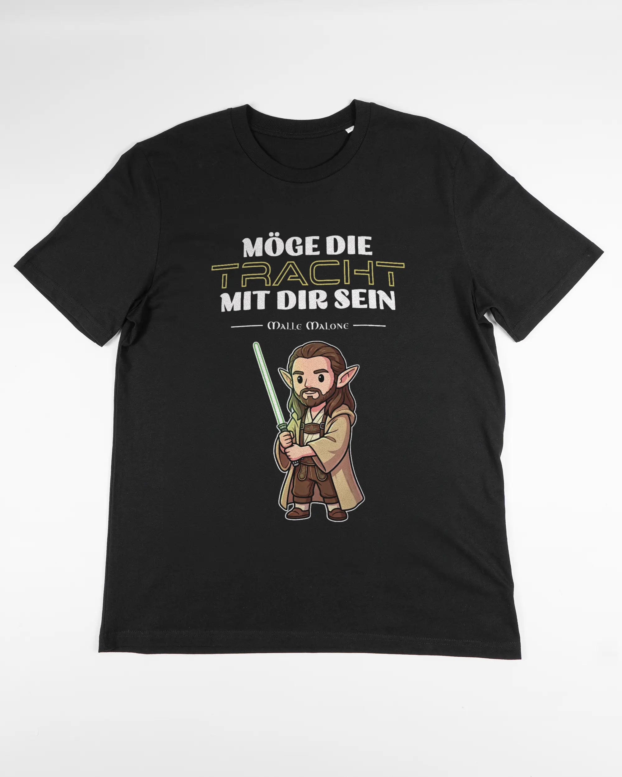 Vorderseite des Organic Unisex T-Shirt Casual von Maondo mit dem Design Tracht mit dir in der Farbe Black und in der Größe L flach auf den Boden gelegt