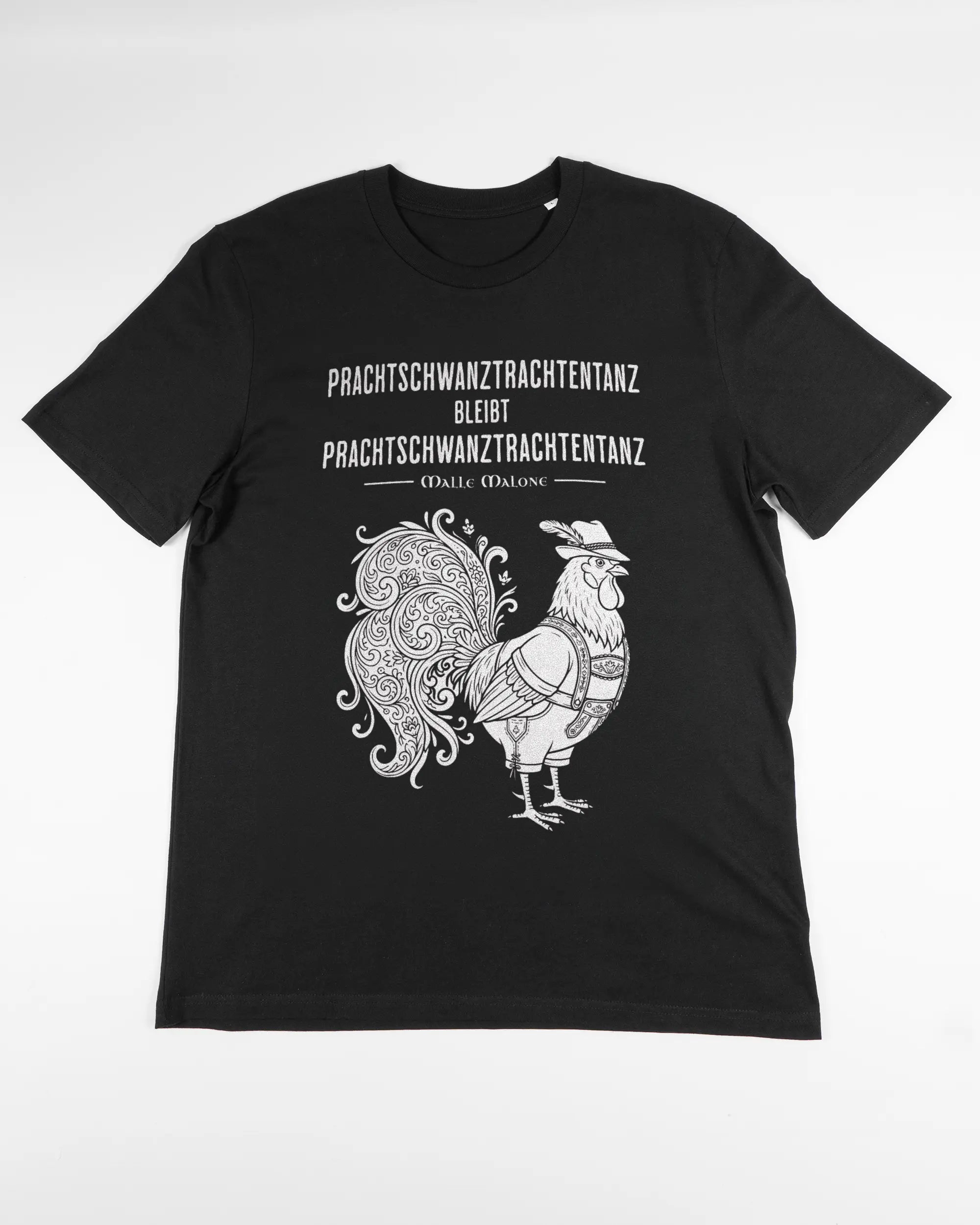 Vorderseite des Organic Unisex T-Shirt Casual von Maondo mit dem Design Trachtentanz in der Farbe Black und in der Größe L flach auf den Boden gelegt