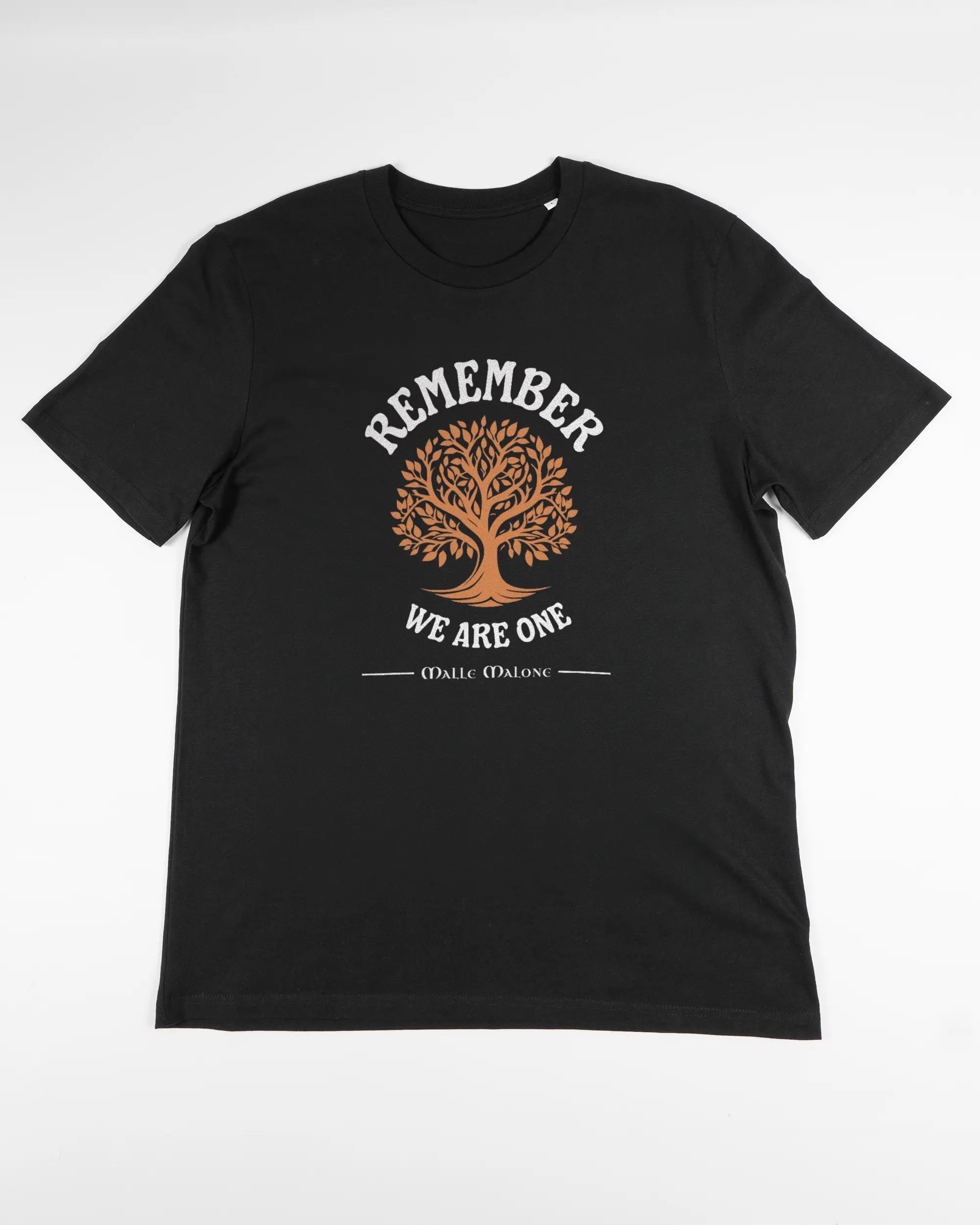 Vorderseite des Organic Unisex T-Shirt Casual von Maondo mit dem Design We are one in der Farbe Black und in der Größe L flach auf den Boden gelegt